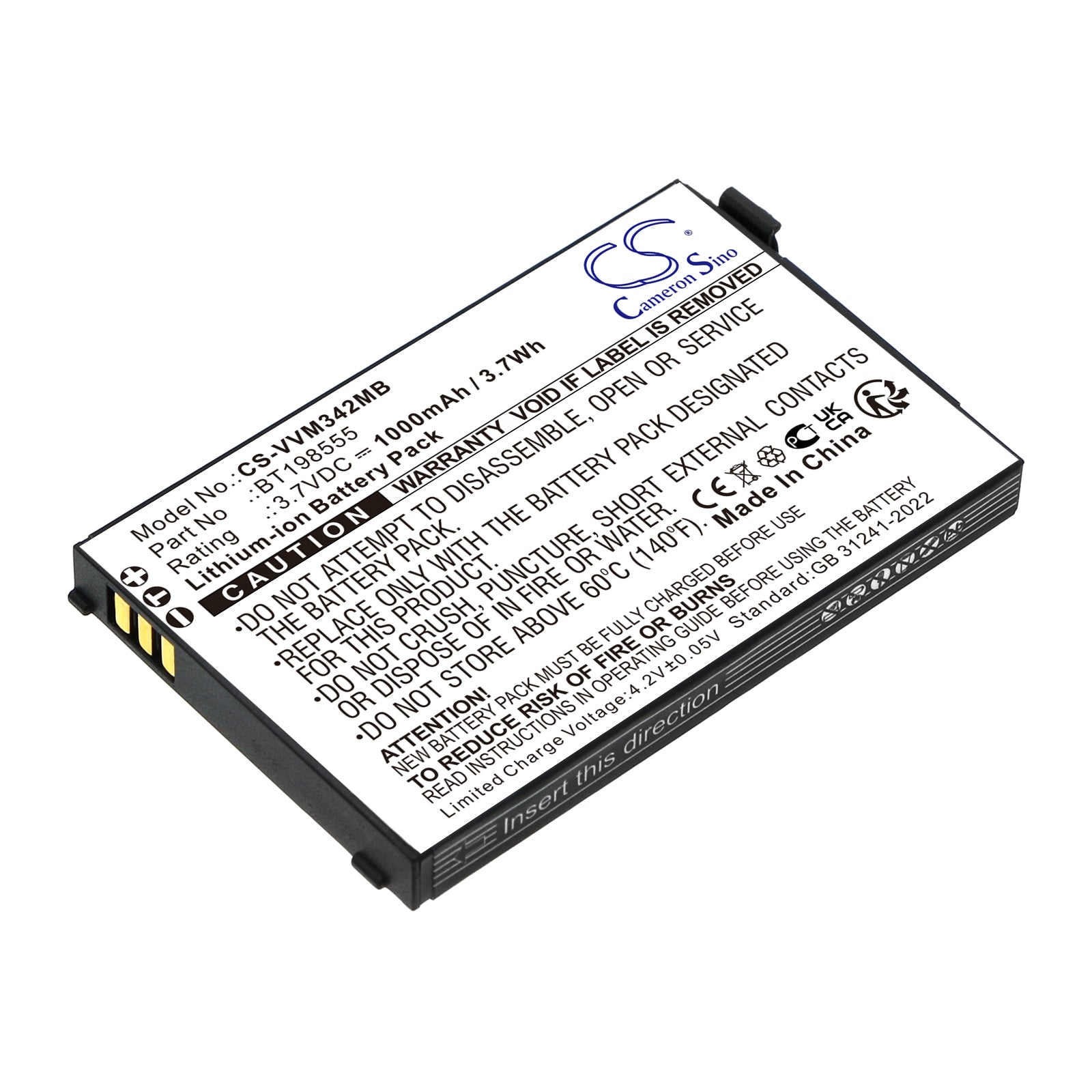 3.7V, Li-ion, 1000mAh, Battery fits V Tech VM342, VM342-2, 3.7Wh BabyPhone Cameron Sino Technology Limited