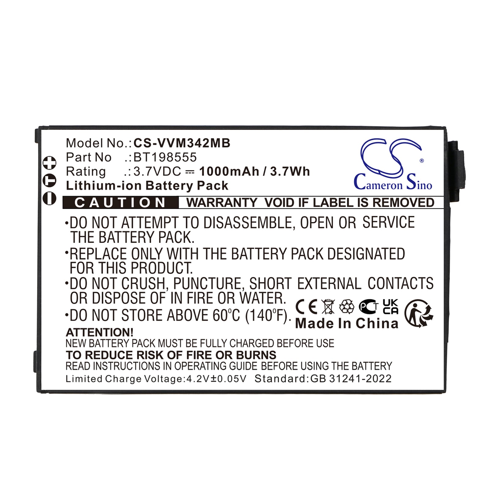 3.7V, Li-ion, 1000mAh, Battery fits V Tech VM342, VM342-2, 3.7Wh BabyPhone Cameron Sino Technology Limited