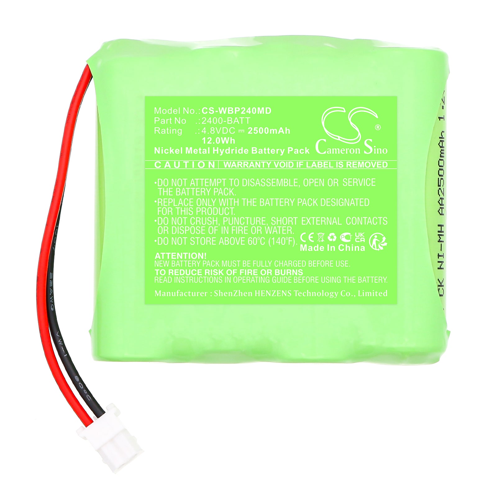 4.8V, Ni-MH, 2500mAh, Battery fits Welch-Allyn ProBP2400 blood pressure monitor, 12Wh Medical Cameron Sino Technology Limited