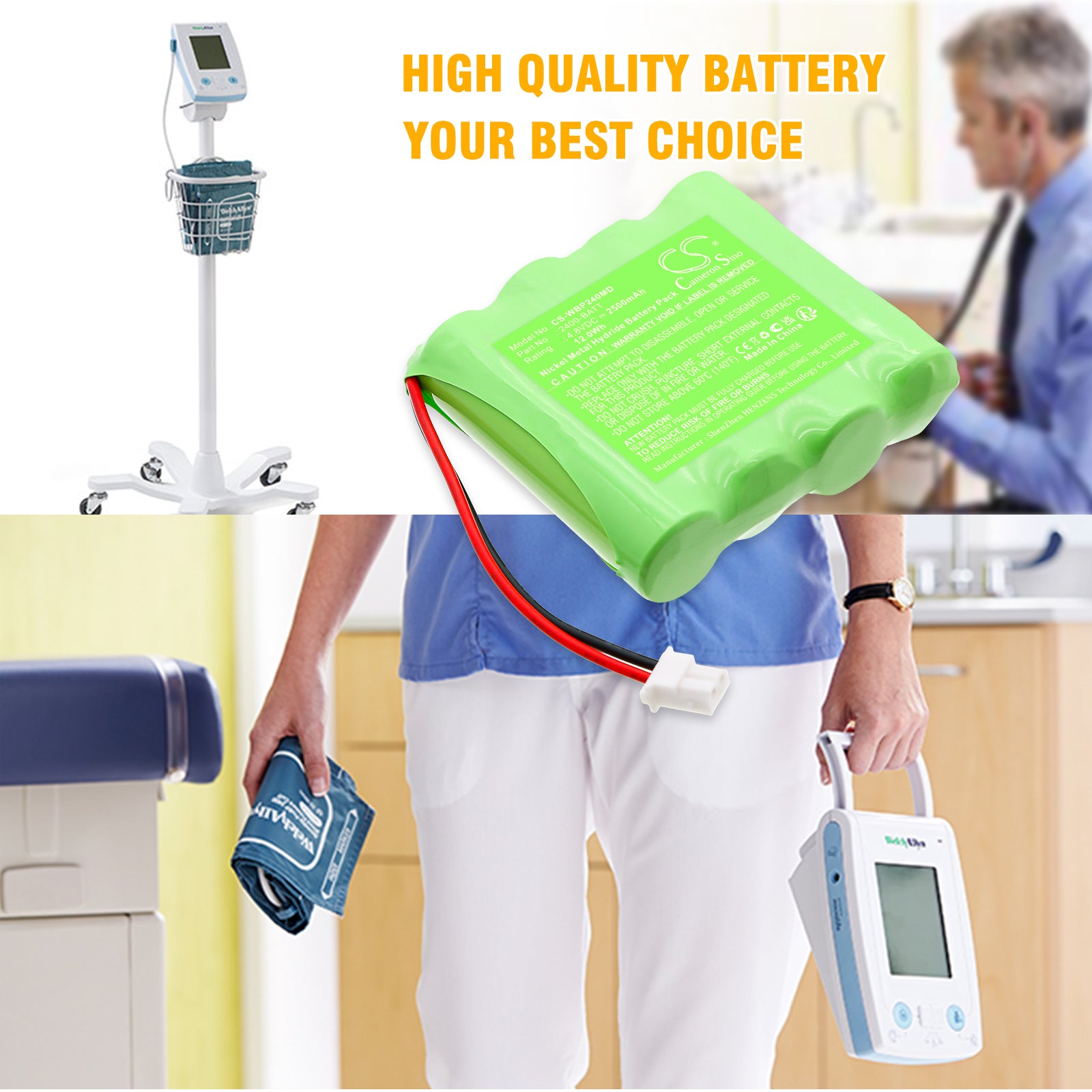 4.8V, Ni-MH, 2500mAh, Battery fits Welch-Allyn ProBP2400 blood pressure monitor, 12Wh Medical Cameron Sino Technology Limited