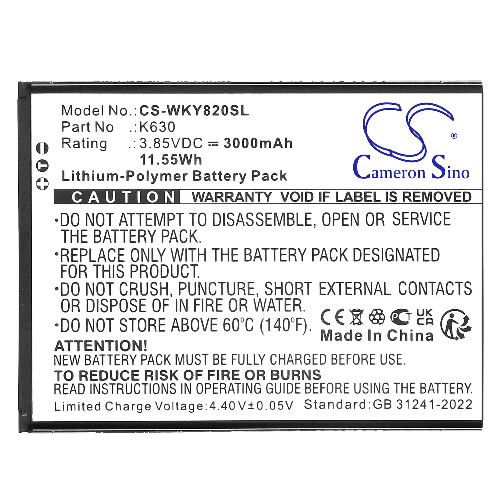 3.85V, Li-Polymer, 3000mAh, Battery fits Wiko Y82, 11.55Wh Mobile, SmartPhone Cameron Sino Technology Limited
