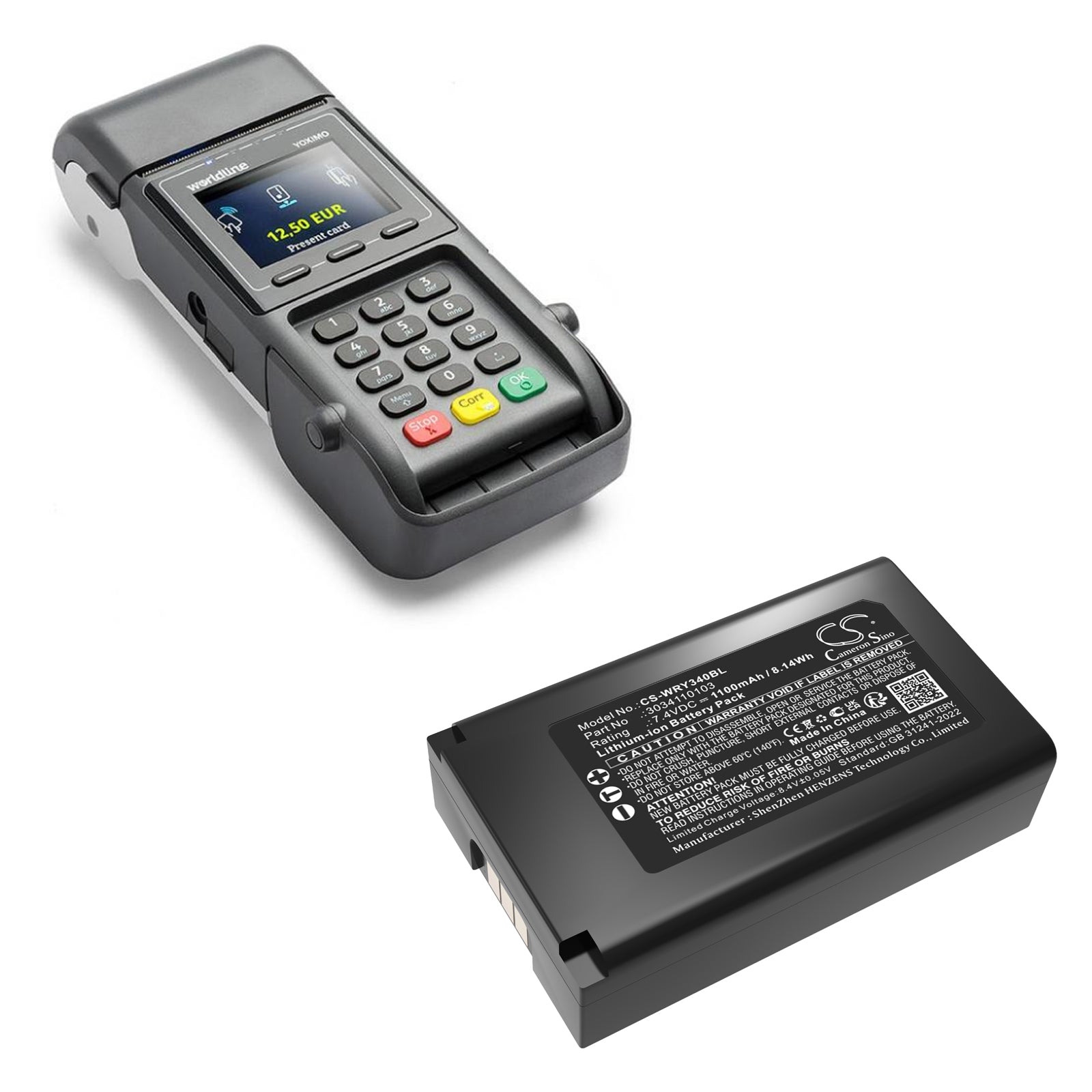 7.4V, Li-ion, 1100mAh, Battery fits Worldline Yoximo, 8.14Wh Payment Terminal Cameron Sino Technology Limited