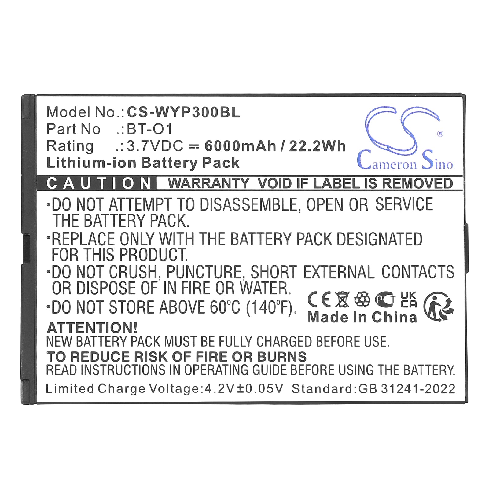 3.7V, Li-ion, 6000mAh, Battery fits Wiseasy P3, WPO3 WPOS3, 22.2Wh Payment Terminal Cameron Sino Technology Limited