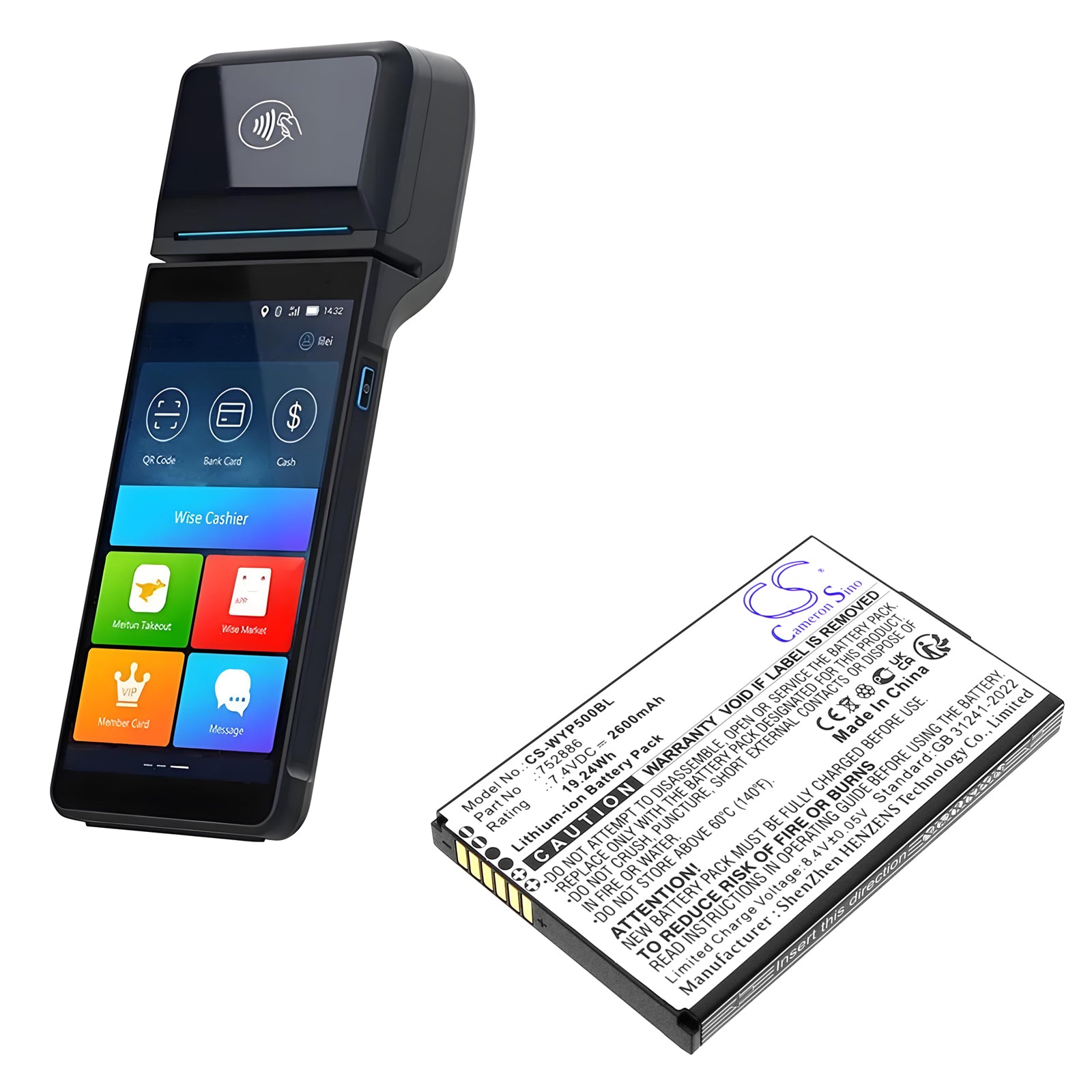 7.4V, Li-ion, 2600mAh, Battery fits Wiseasy N6, P5, 19.24Wh Payment Terminal Cameron Sino Technology Limited