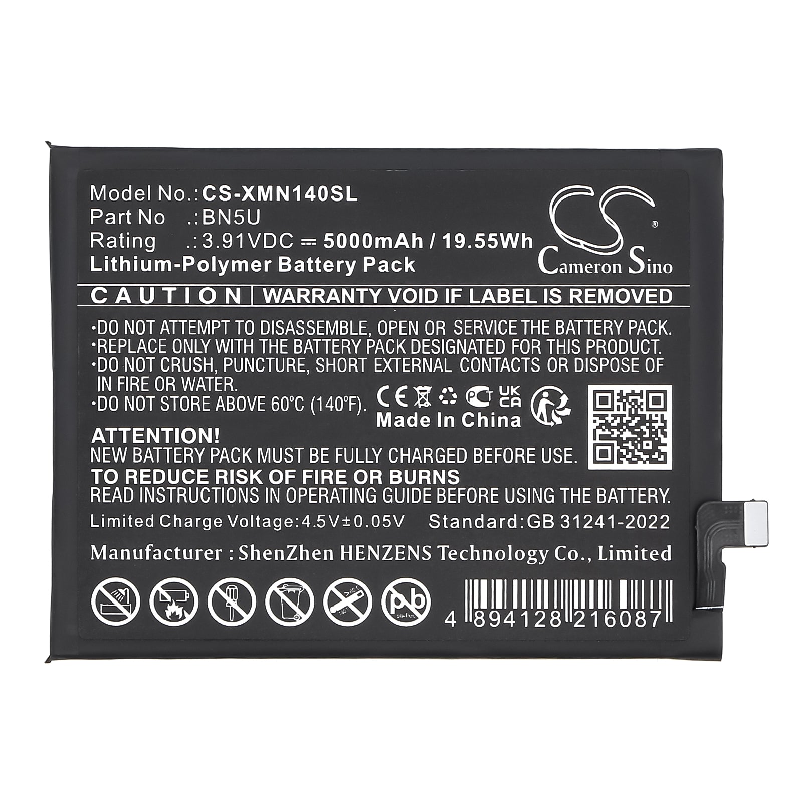 3.91V, Li-Polymer, 5000mAh, Battery fits Xiaomi 24094RAD4C, Xiaomi Redmi Note 14 5G | Poco M7 Pro 5G | Redmi Note 14 5G, 19.55Wh Mobile, SmartPhone Cameron Sino Technology Limited