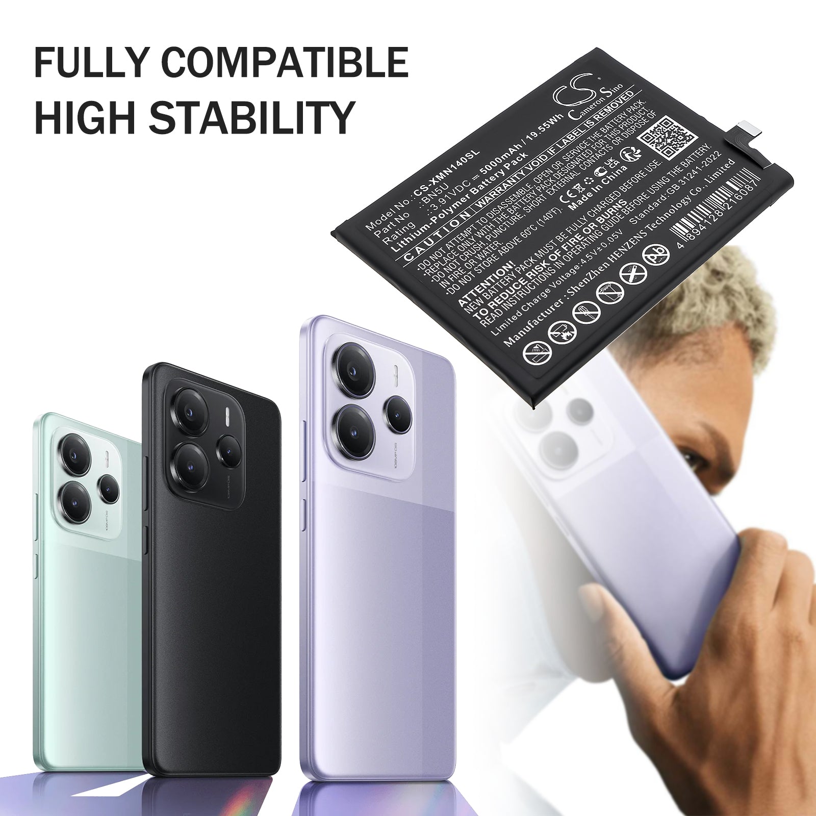 3.91V, Li-Polymer, 5000mAh, Battery fits Xiaomi 24094RAD4C, Xiaomi Redmi Note 14 5G | Poco M7 Pro 5G | Redmi Note 14 5G, 19.55Wh Mobile, SmartPhone Cameron Sino Technology Limited