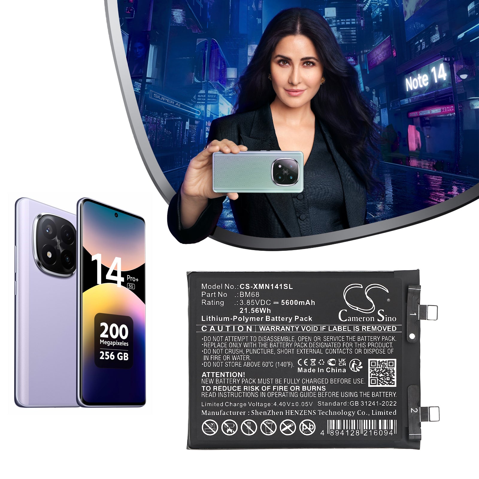 3.85V, Li-Polymer, 5600mAh, Battery fits Redmi 24115RA8EC, 24115RA8EG, 21.56Wh Mobile, SmartPhone Cameron Sino Technology Limited