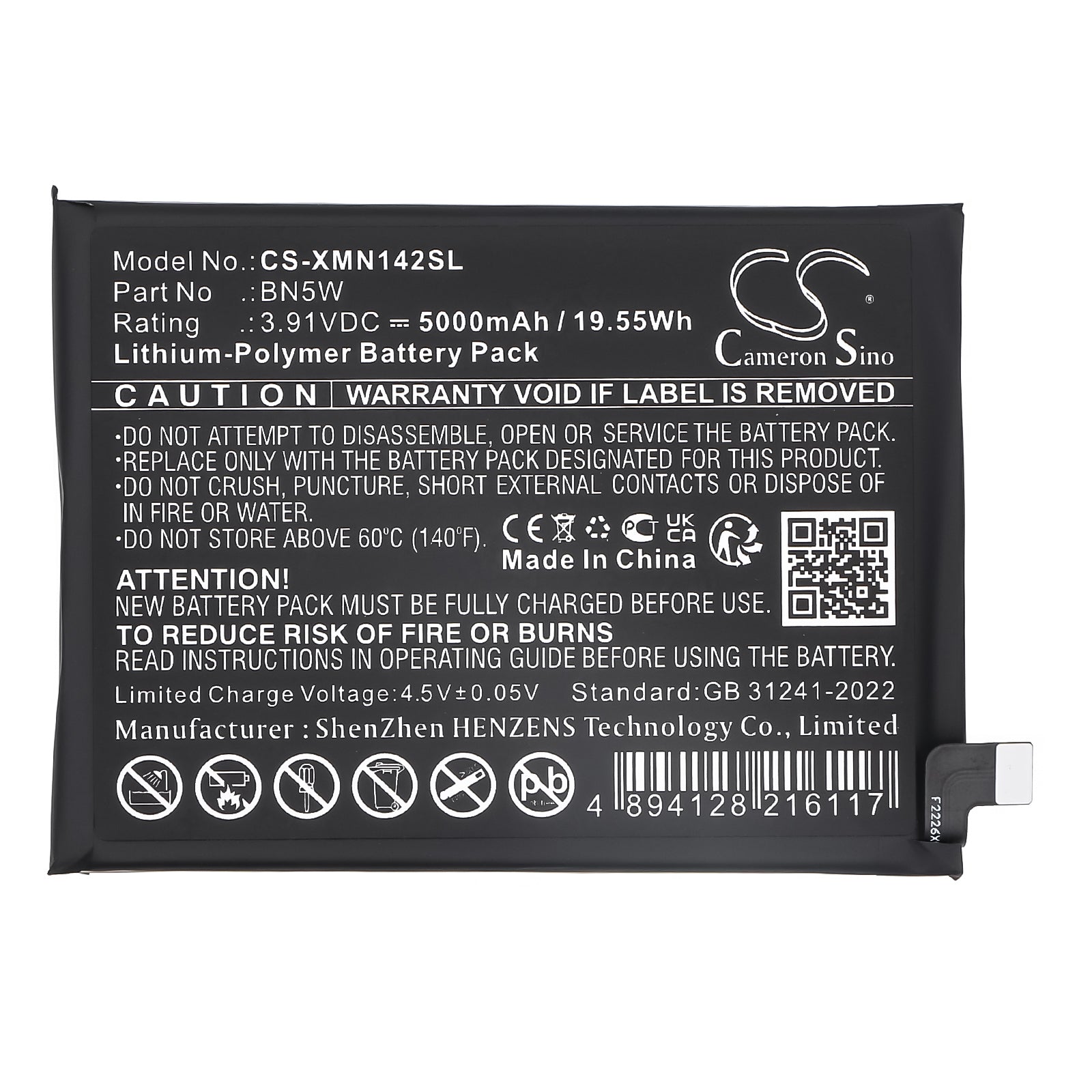 3.91V, Li-Polymer, 5000mAh, Battery fits Redni 24116RACCG, Note 14 Pro, 19.55Wh Mobile, SmartPhone Cameron Sino Technology Limited