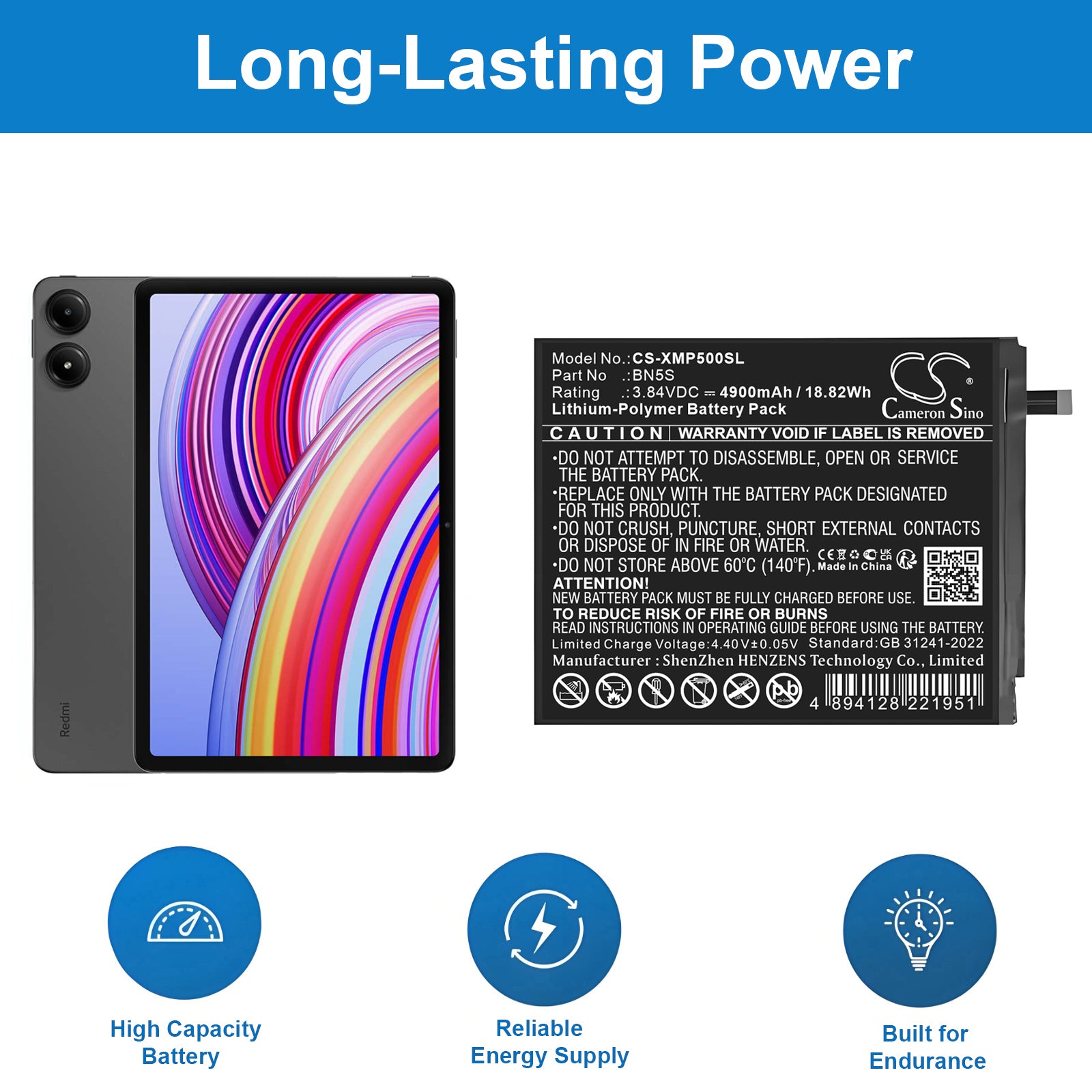 Redmi Pad Pro Battery 4900mAh Li Polymer 3.84V Tablet Cameron Sino Technology Limited