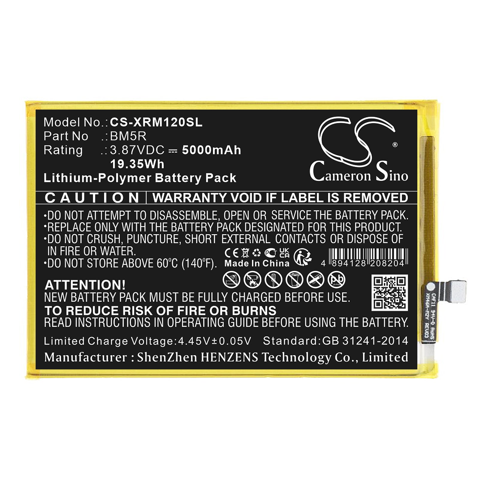 3.87V, Li-Polymer, 5000mAh, Battery fits Redmi 12 5G, 19.35Wh Mobile, SmartPhone Cameron Sino Technology Limited