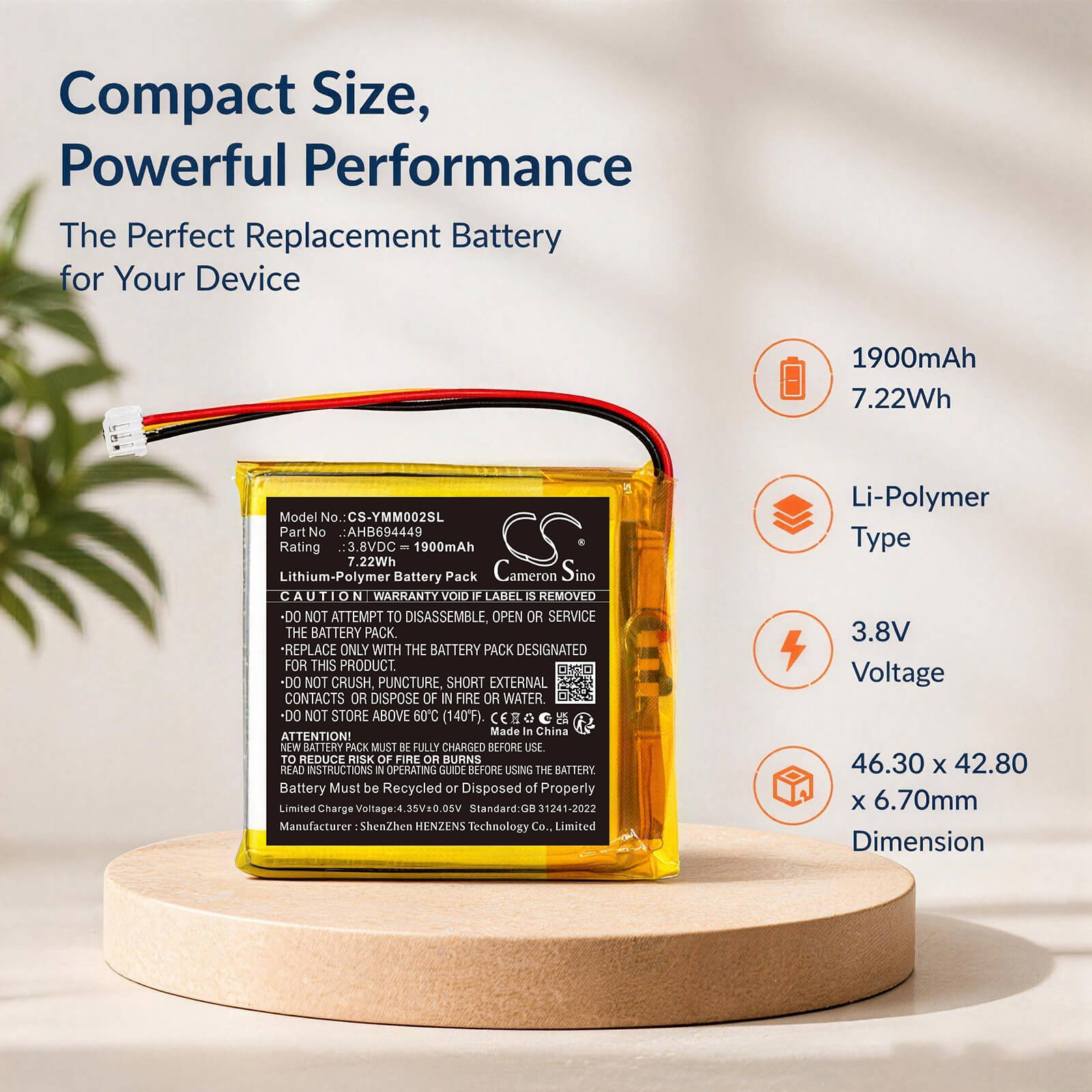 3.8V, Li-Polymer, 1900mAh, Battery fits Yoto YM002, Mini 2024, 7.22Wh Speaker Cameron Sino Technology Limited