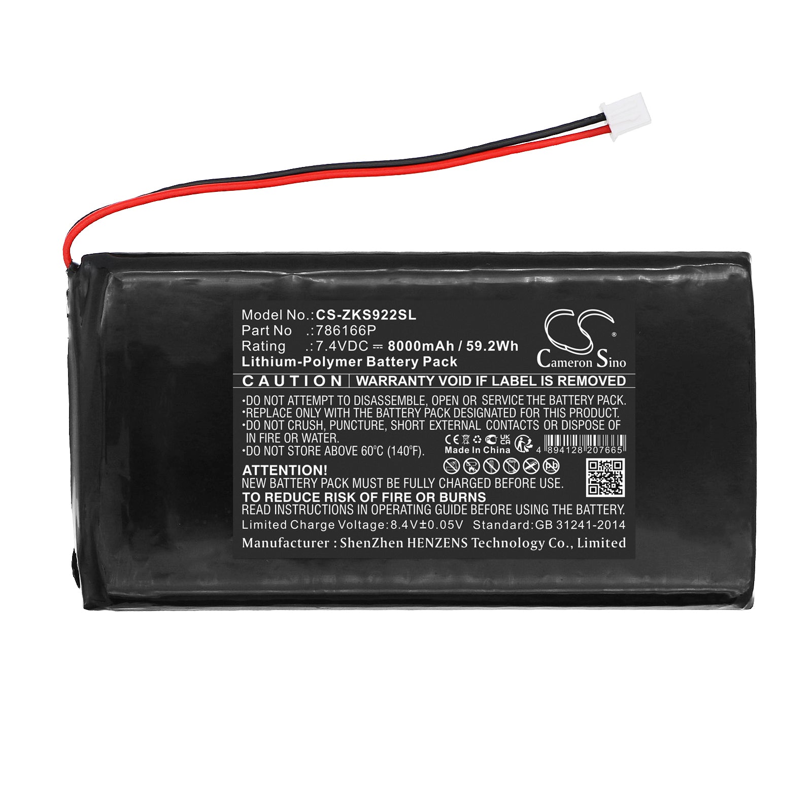 Li-Polymer, Time Clock Battery fits Zkteco S922, 7.4V, 8000mAh Time Clock Cameron Sino Technology Limited