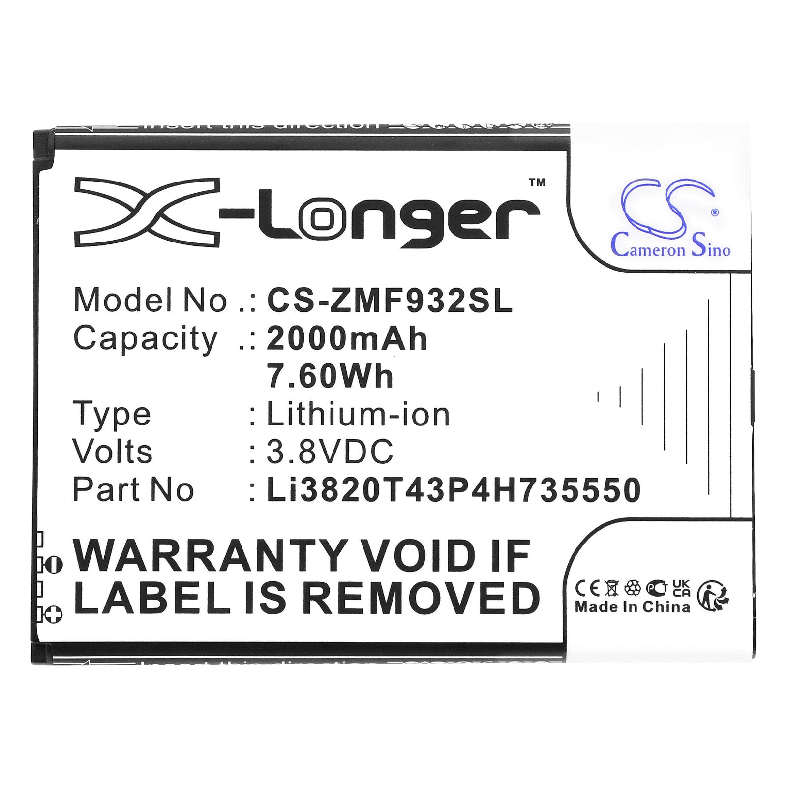Li-ion, Hotspot Battery fits Zte Wifi5 Mf932, 3.8V, 2000mAh Hotspot Cameron Sino Technology Limited