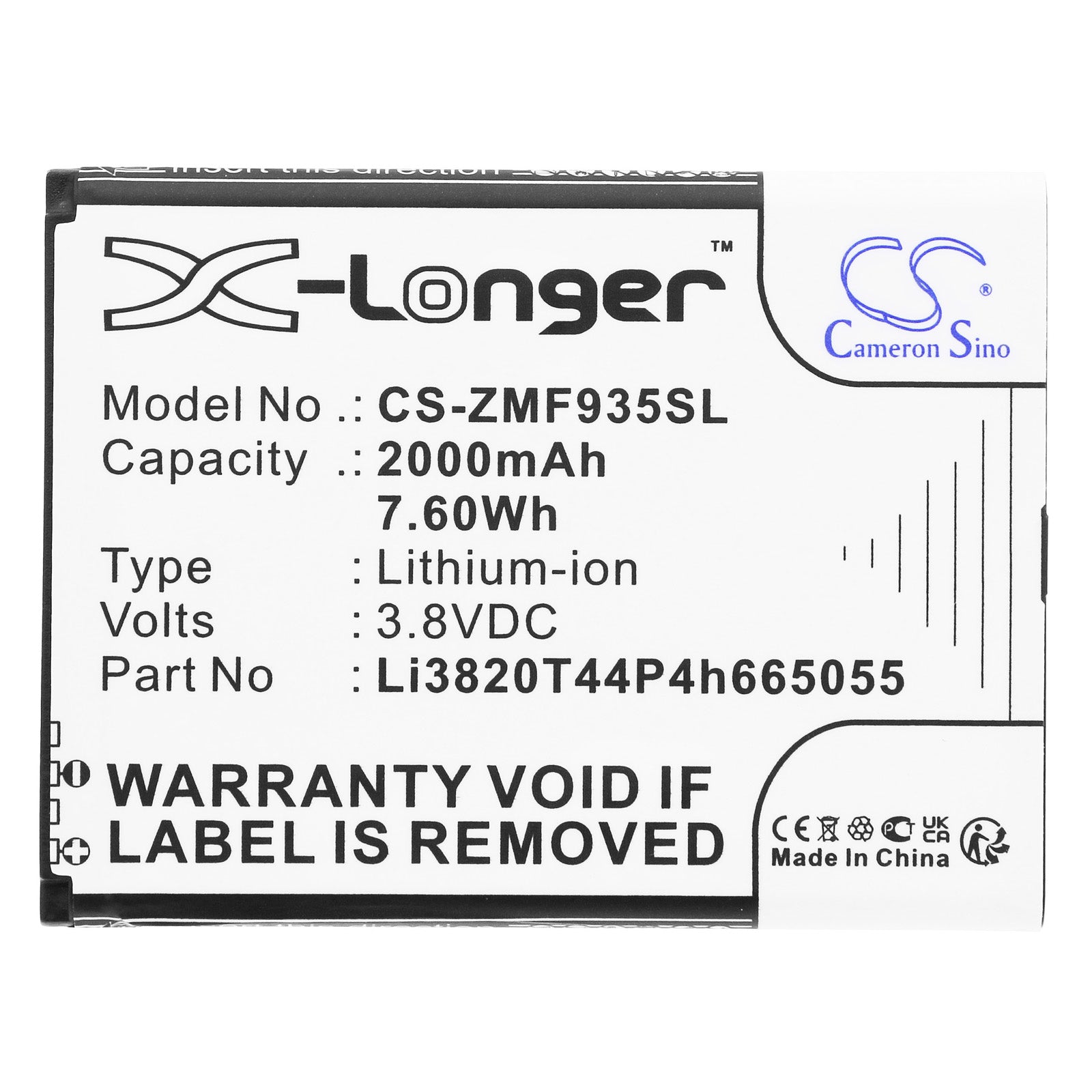 Li-ion, Hotspot Battery fits Zte Mf935, 3.8V, 2000mAh Hotspot Cameron Sino Technology Limited