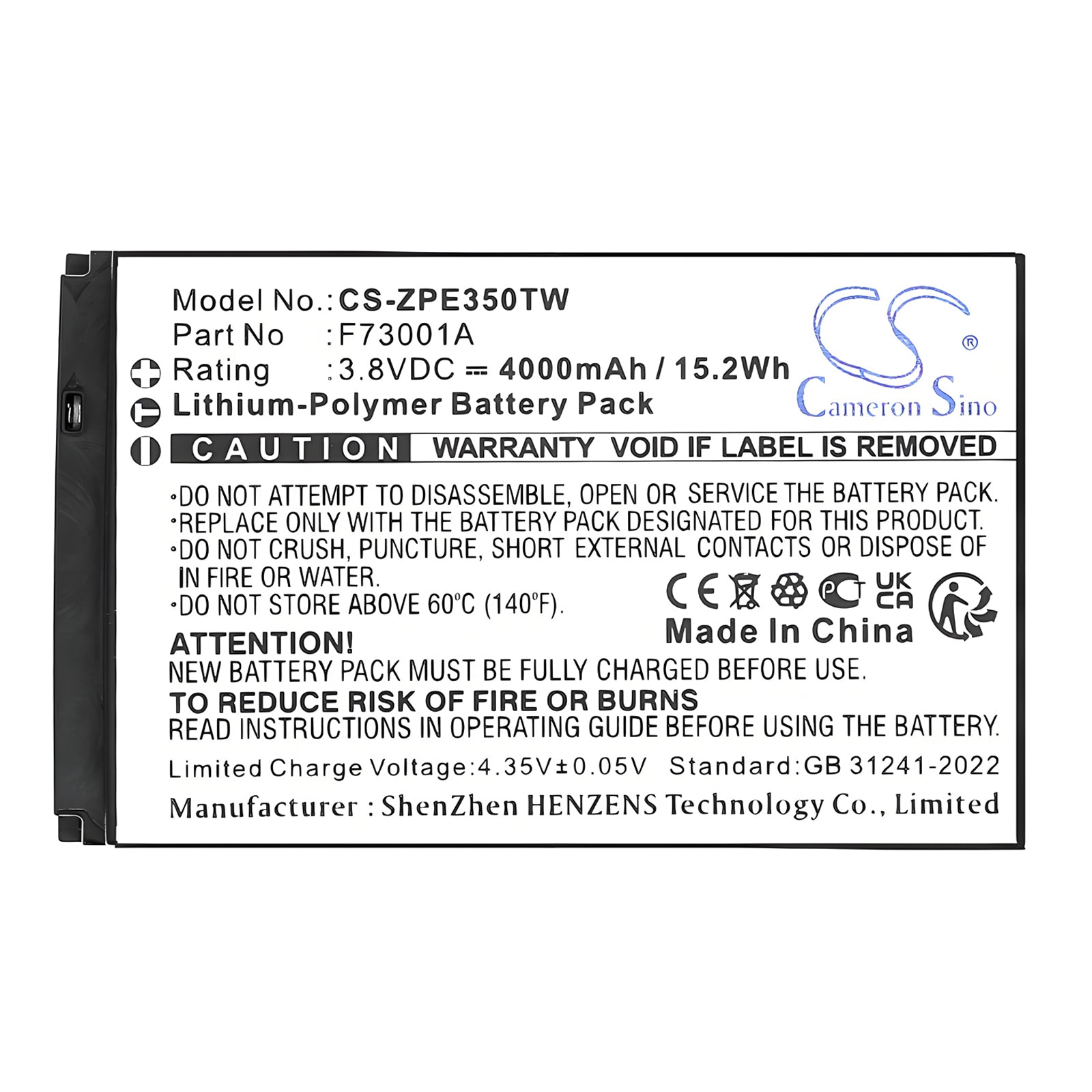 3.8V, Li-Polymer, 4000mAh, Battery fits ZTE E700 | Caltta E350 EChat POC, 15.2Wh Two-Way Radio Cameron Sino Technology Limited
