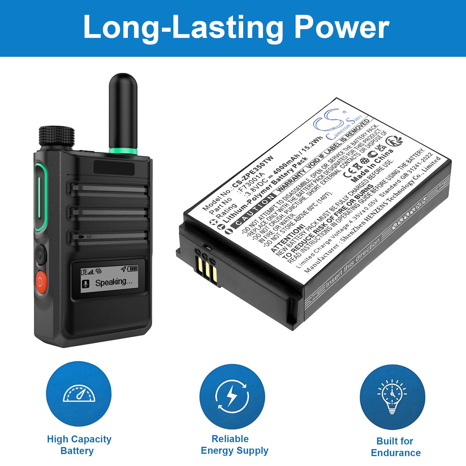 3.8V, Li-Polymer, 4000mAh, Battery fits ZTE E700 | Caltta E350 EChat POC, 15.2Wh Two-Way Radio Cameron Sino Technology Limited