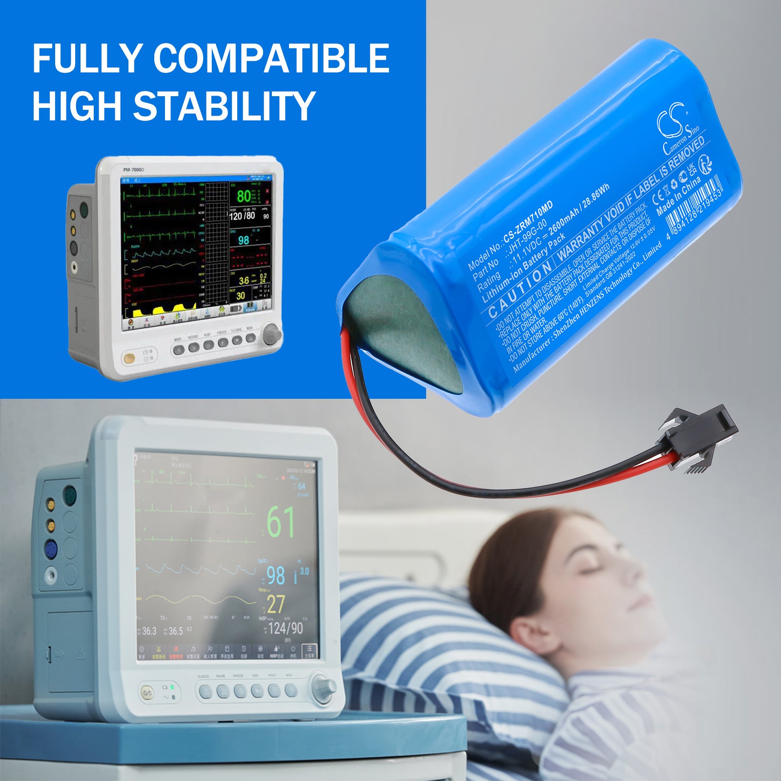 11.1V, Li-ion, 2600mAh, Battery fits Zoncare PM-7000C, PM-7000M, 28.86Wh Medical Cameron Sino Technology Limited
