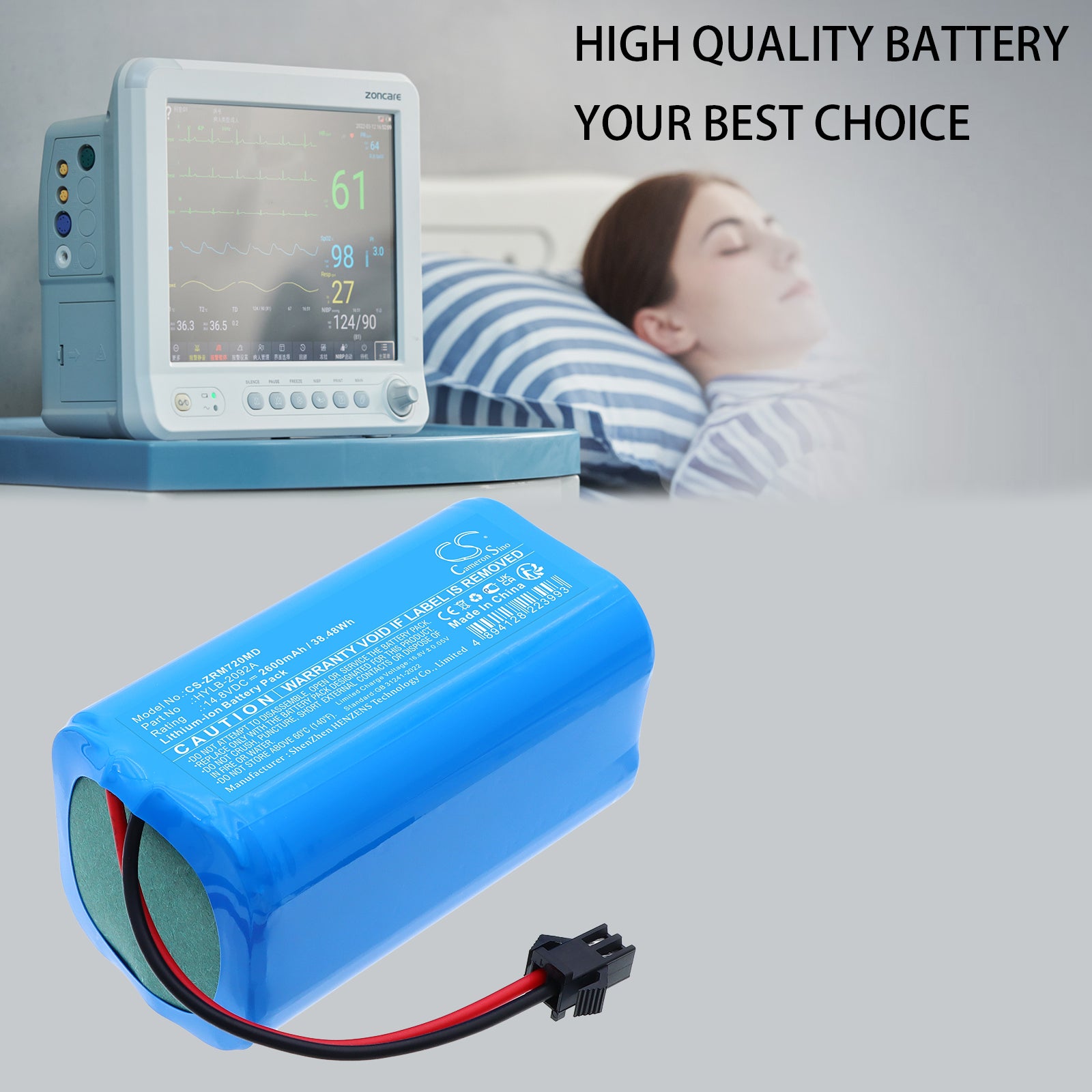 14.8V, Li-ion, 2600mAh, Battery fits Zoncare PM7000D, 38.48Wh Medical Cameron Sino Technology Limited