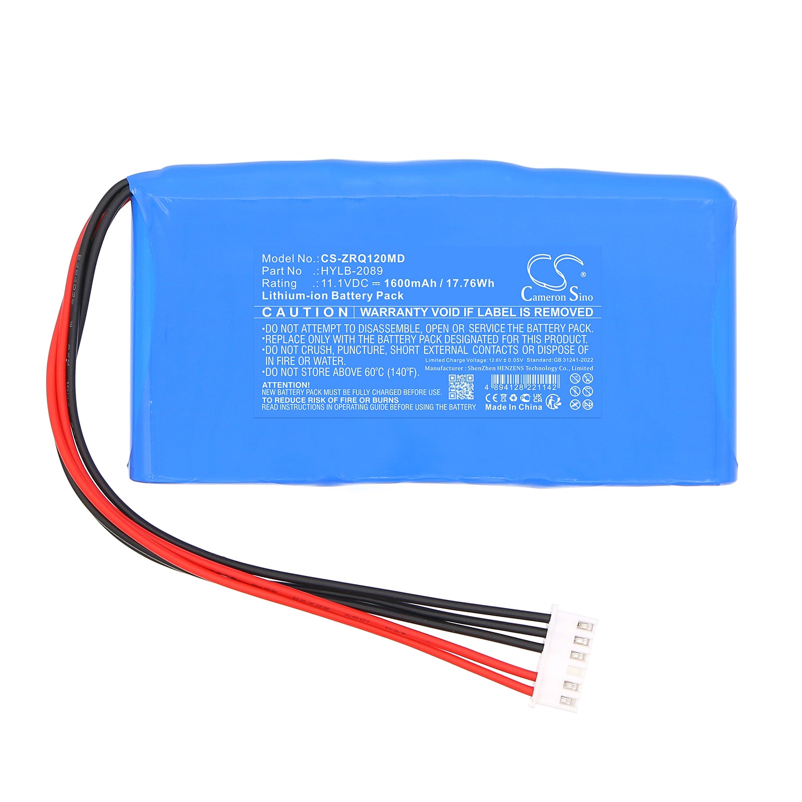 11.1V, Li-ion, 1600mAh, Battery fits Zoncare ZQ-1201G, ZQ-1203G | KAIJIN KX-1203, 17.76Wh Medical Cameron Sino Technology Limited