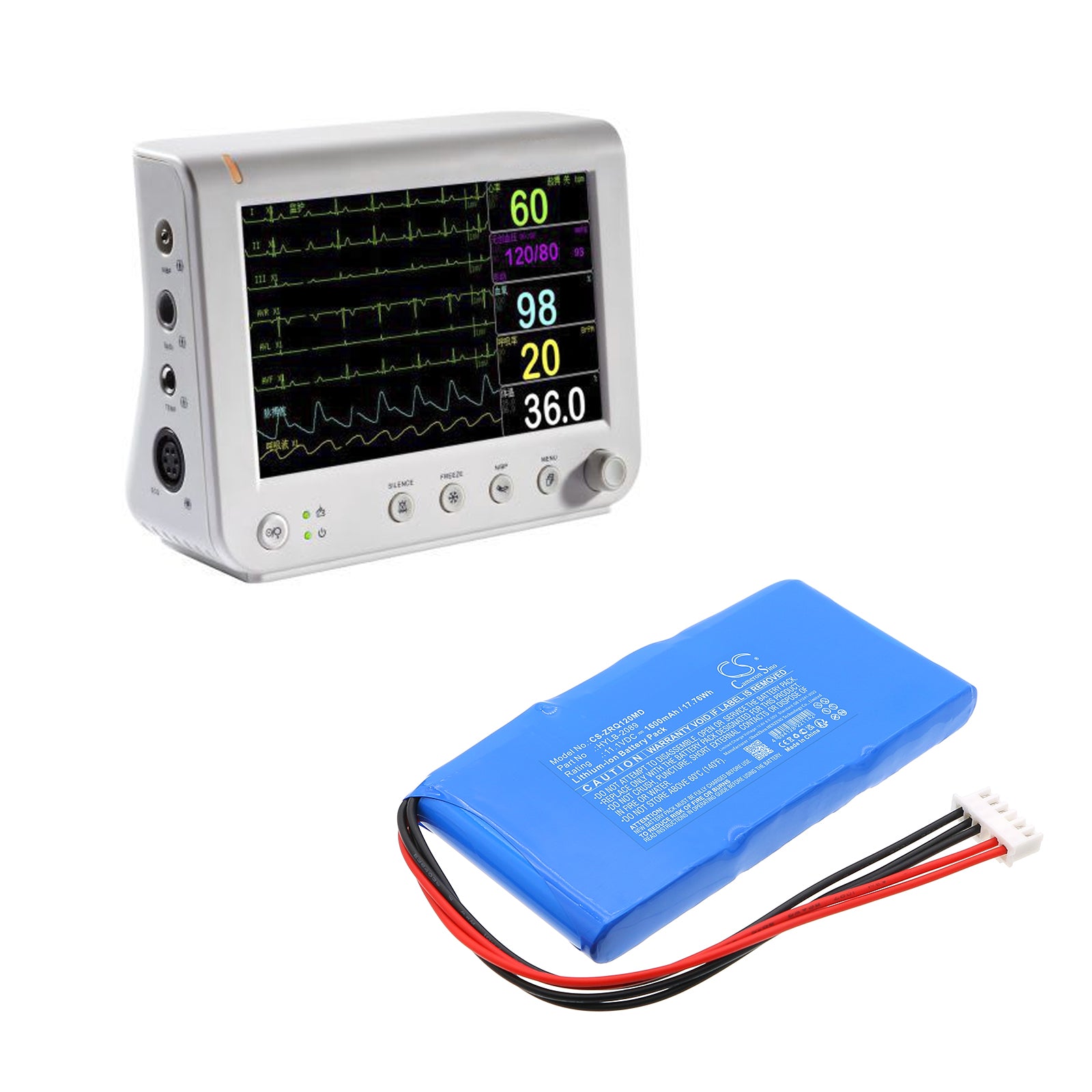 11.1V, Li-ion, 1600mAh, Battery fits Zoncare ZQ-1201G, ZQ-1203G | KAIJIN KX-1203, 17.76Wh Medical Cameron Sino Technology Limited
