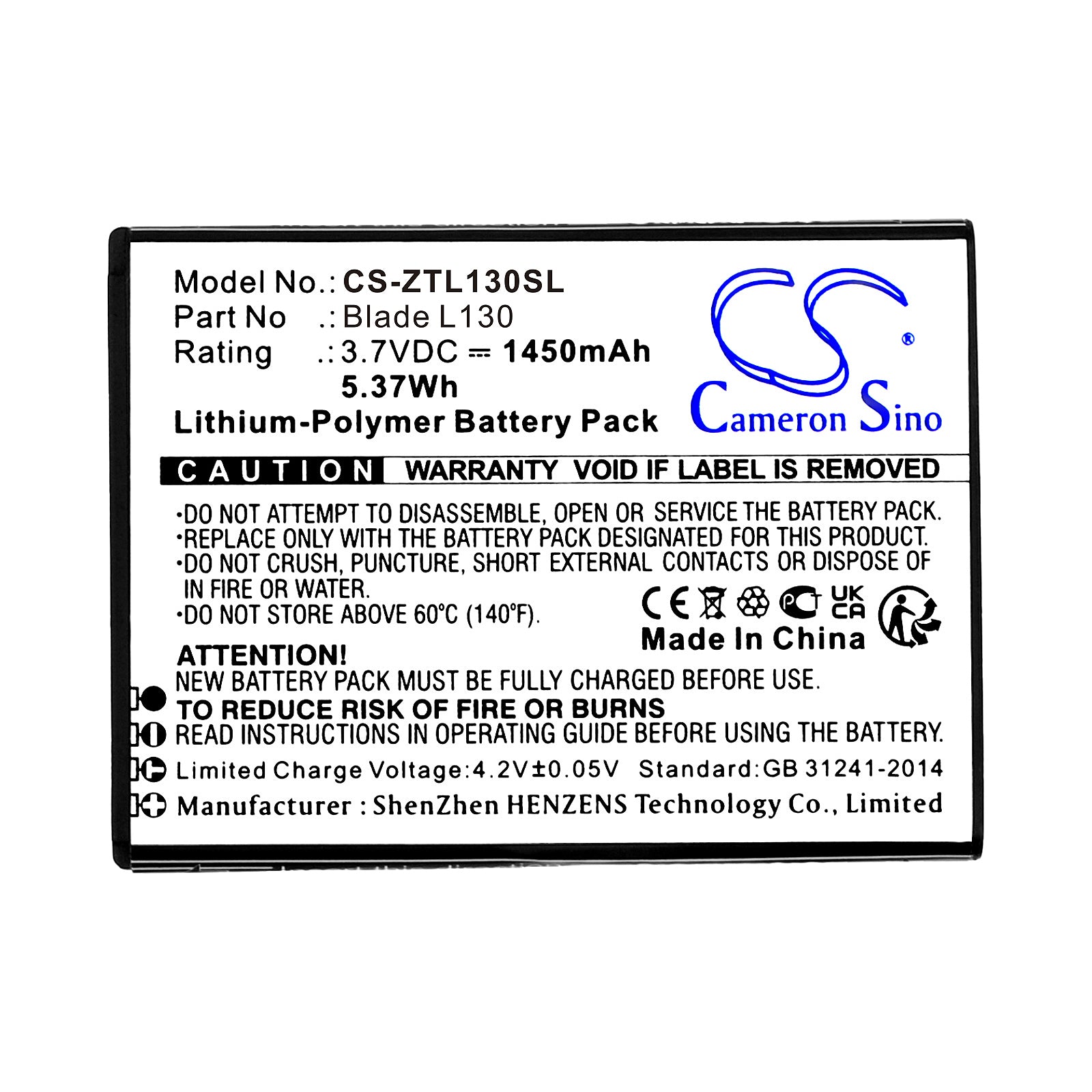 Li-Polymer, Mobile, SmartPhone Battery fits Zte Blade L130, Grand Max, 3.7V, 1450mAh Mobile, SmartPhone Cameron Sino Technology Limited