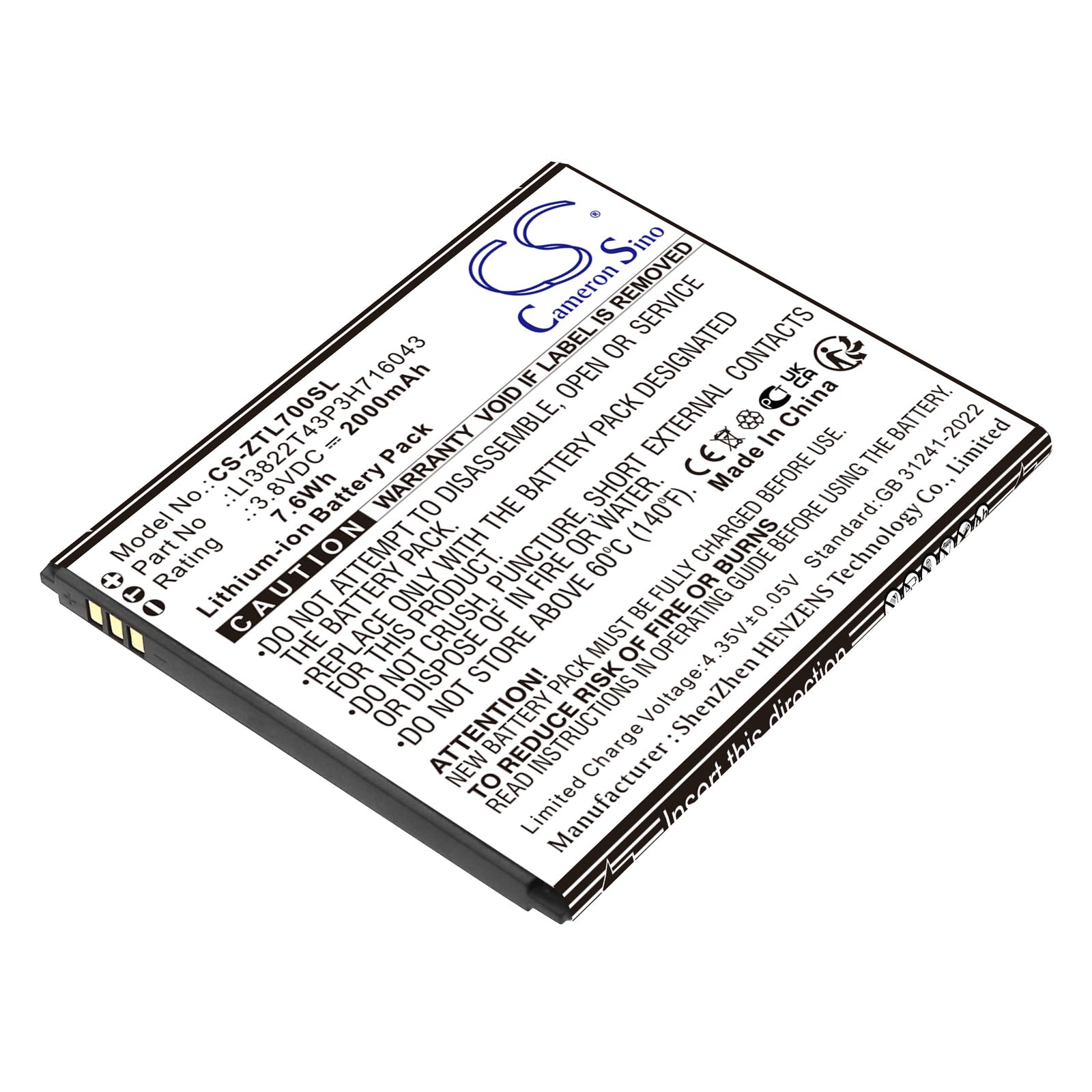 3.8V, Li-ion, 2000mAh, Battery fits ZTE Blade A30, Blade A320, 7.6Wh Mobile, SmartPhone Cameron Sino Technology Limited