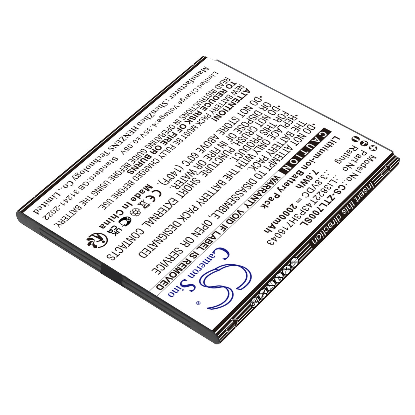 3.8V, Li-ion, 2000mAh, Battery fits ZTE Blade A30, Blade A320, 7.6Wh Mobile, SmartPhone Cameron Sino Technology Limited