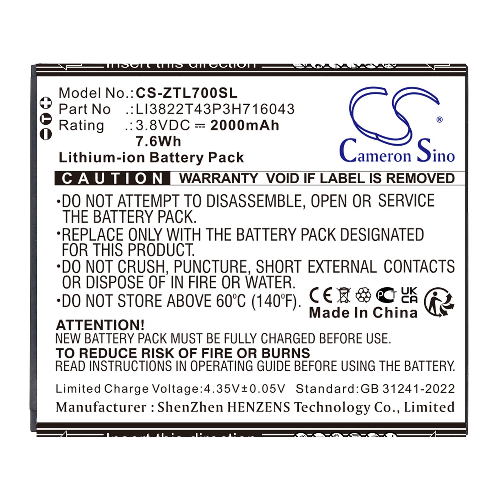 3.8V, Li-ion, 2000mAh, Battery fits ZTE Blade A30, Blade A320, 7.6Wh Mobile, SmartPhone Cameron Sino Technology Limited