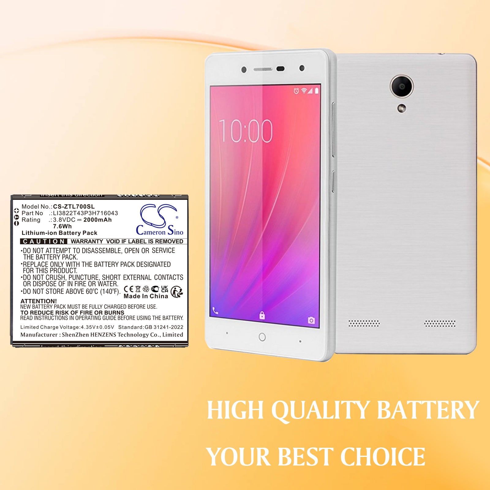 3.8V, Li-ion, 2000mAh, Battery fits ZTE Blade A30, Blade A320, 7.6Wh Mobile, SmartPhone Cameron Sino Technology Limited