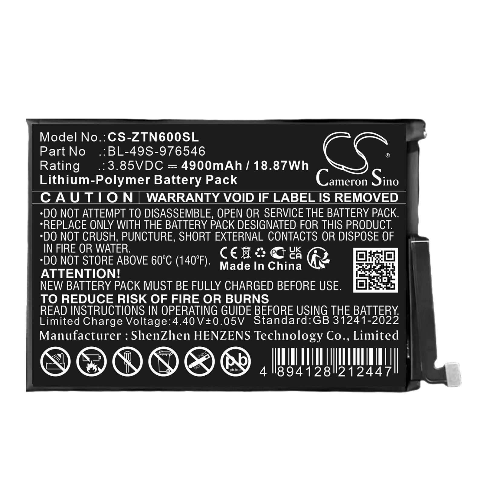 3.85V, Li-Polymer, 4900mAh, Battery fits ZTE Blade V60 Vita, Nubia V60, 18.87Wh Mobile, SmartPhone Cameron Sino Technology Limited