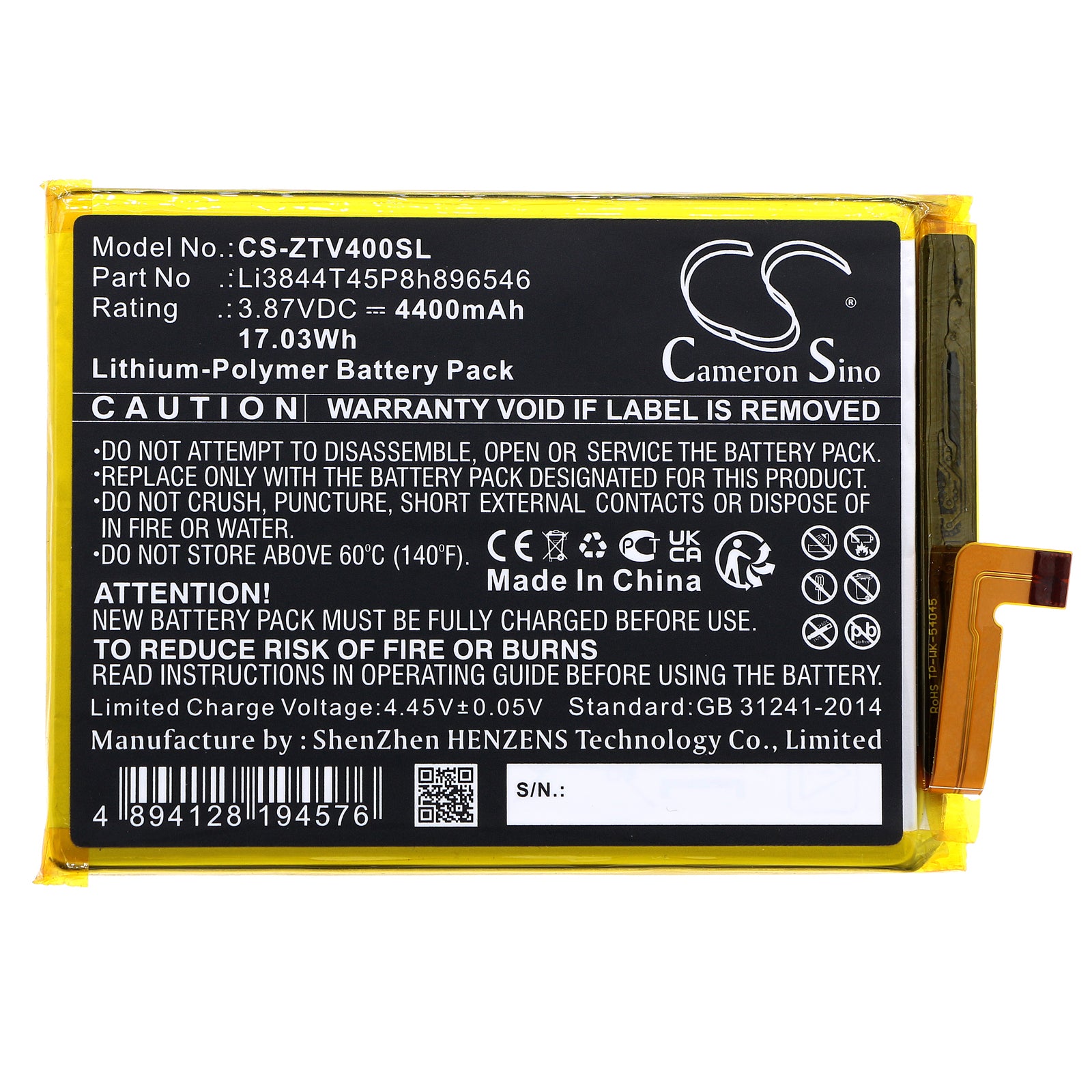 Li-Polymer, Mobile, SmartPhone Battery fits Zte Axon 40 Se, Blade V40s, 3.87V, 4400mAh Mobile, SmartPhone Cameron Sino Technology Limited