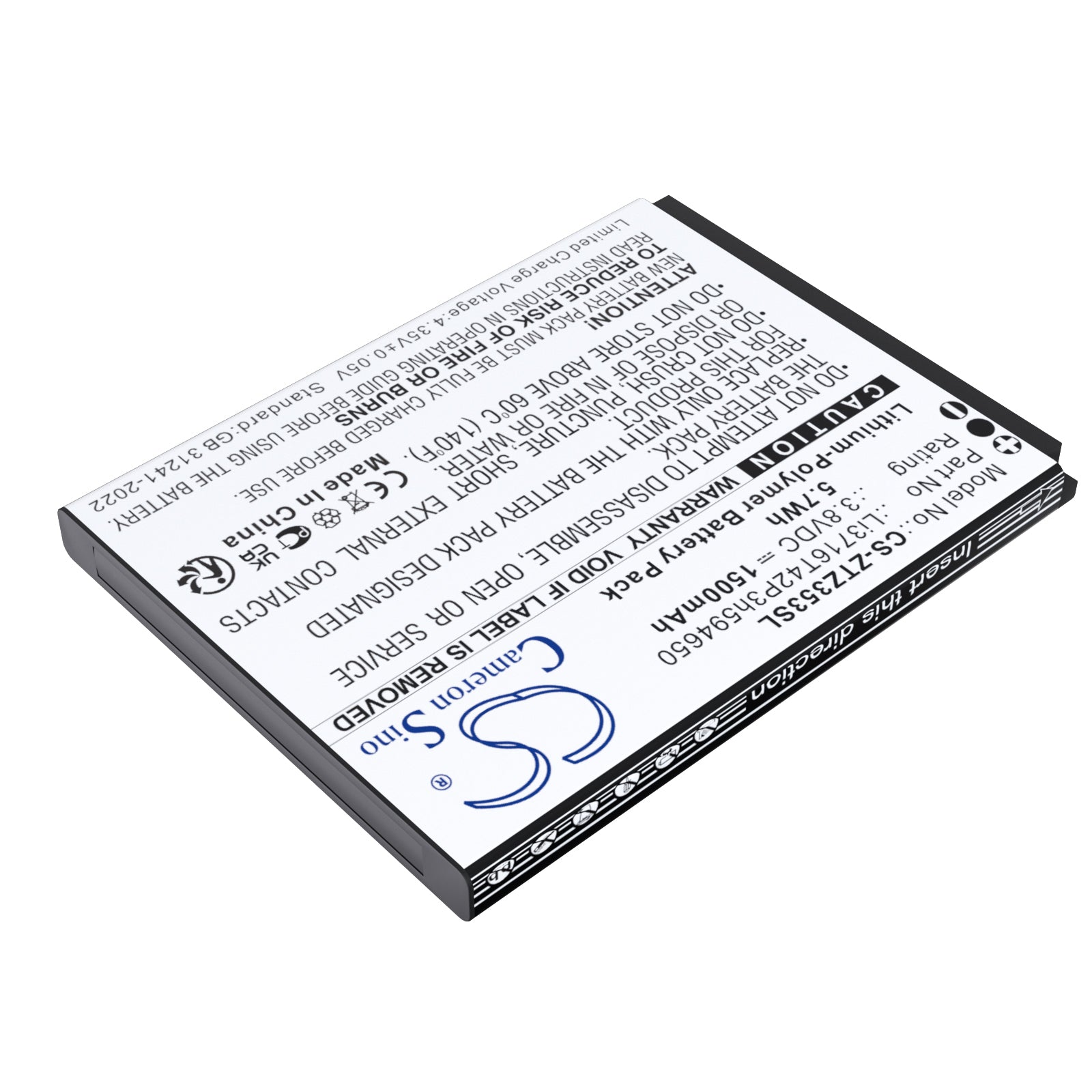 3.8V, Li-Polymer, 1500mAh, Battery fits ZTE 353VL, 5.7Wh Mobile, SmartPhone Cameron Sino Technology Limited