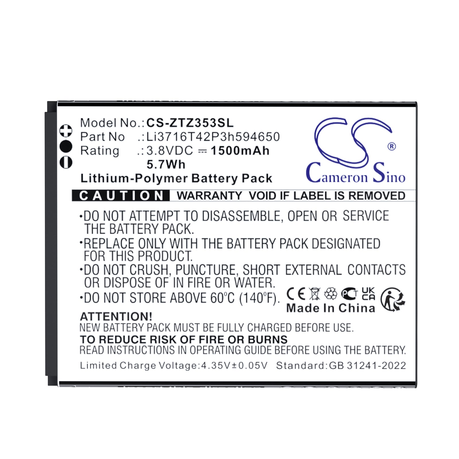 3.8V, Li-Polymer, 1500mAh, Battery fits ZTE 353VL, 5.7Wh Mobile, SmartPhone Cameron Sino Technology Limited