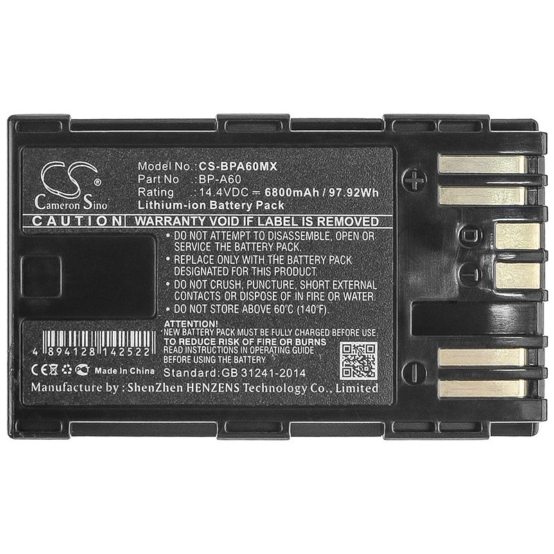 CS-BPA60MX Li-ion Battery fits Canon, Ca-cp200l, Eos C200, Eos C200 Pl 14.4V, 6800mAh Camera Cameron Sino Technology Limited