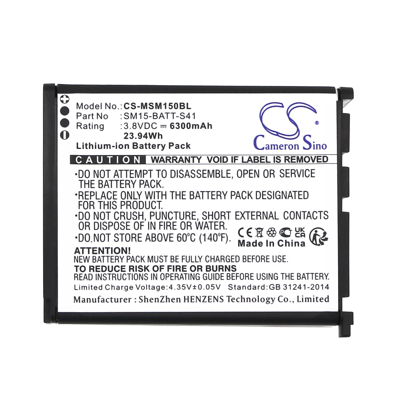 Li-ion, Barcode Scanner Battery fits M3 Mobile Sm15, Sm15n, 3.8V, 6300mAh Barcode Scanner Cameron Sino Technology Limited