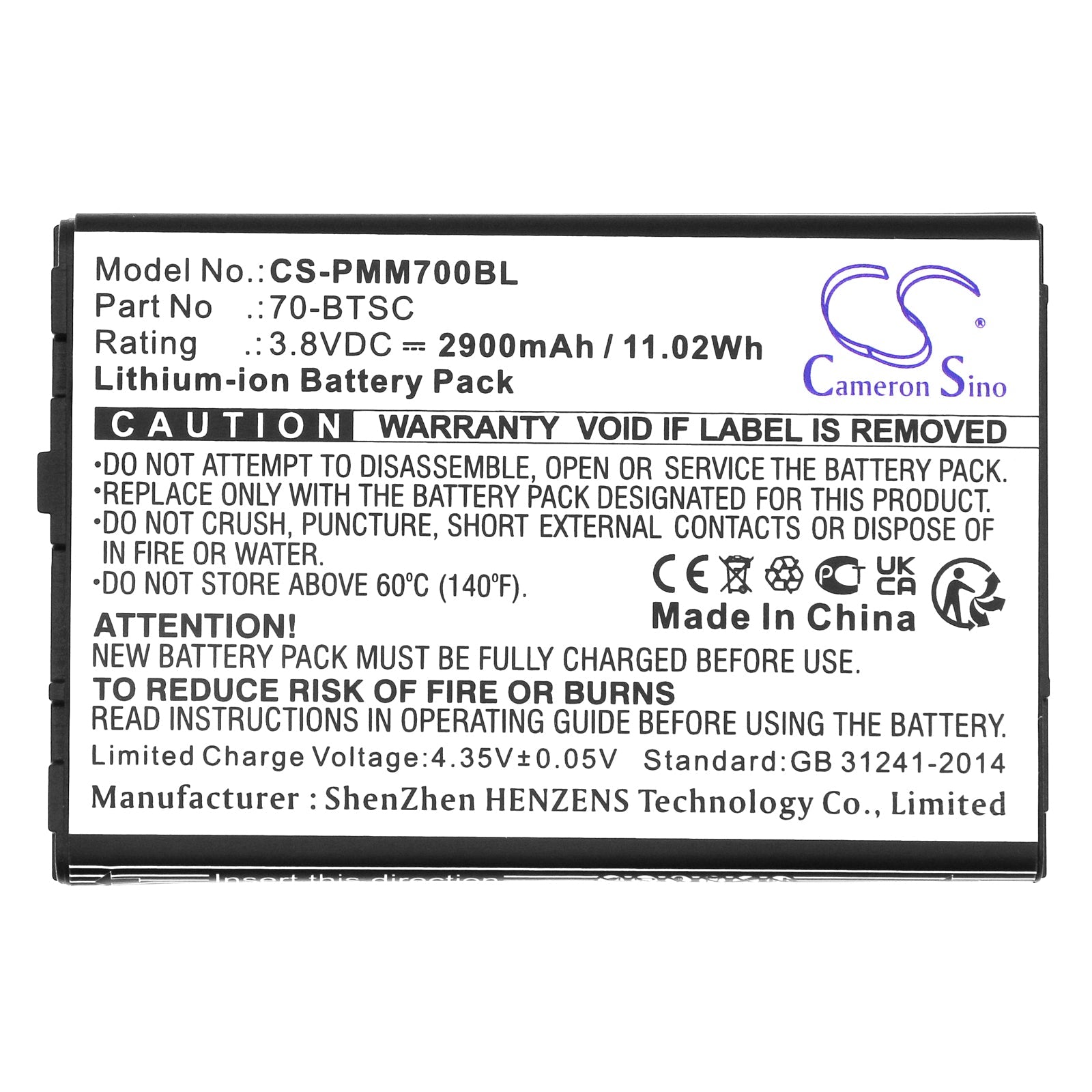 Li-ion, Barcode Scanner Battery fits Point Mobile Pm70, 3.8V, 2900mAh Barcode Scanner Cameron Sino Technology Limited