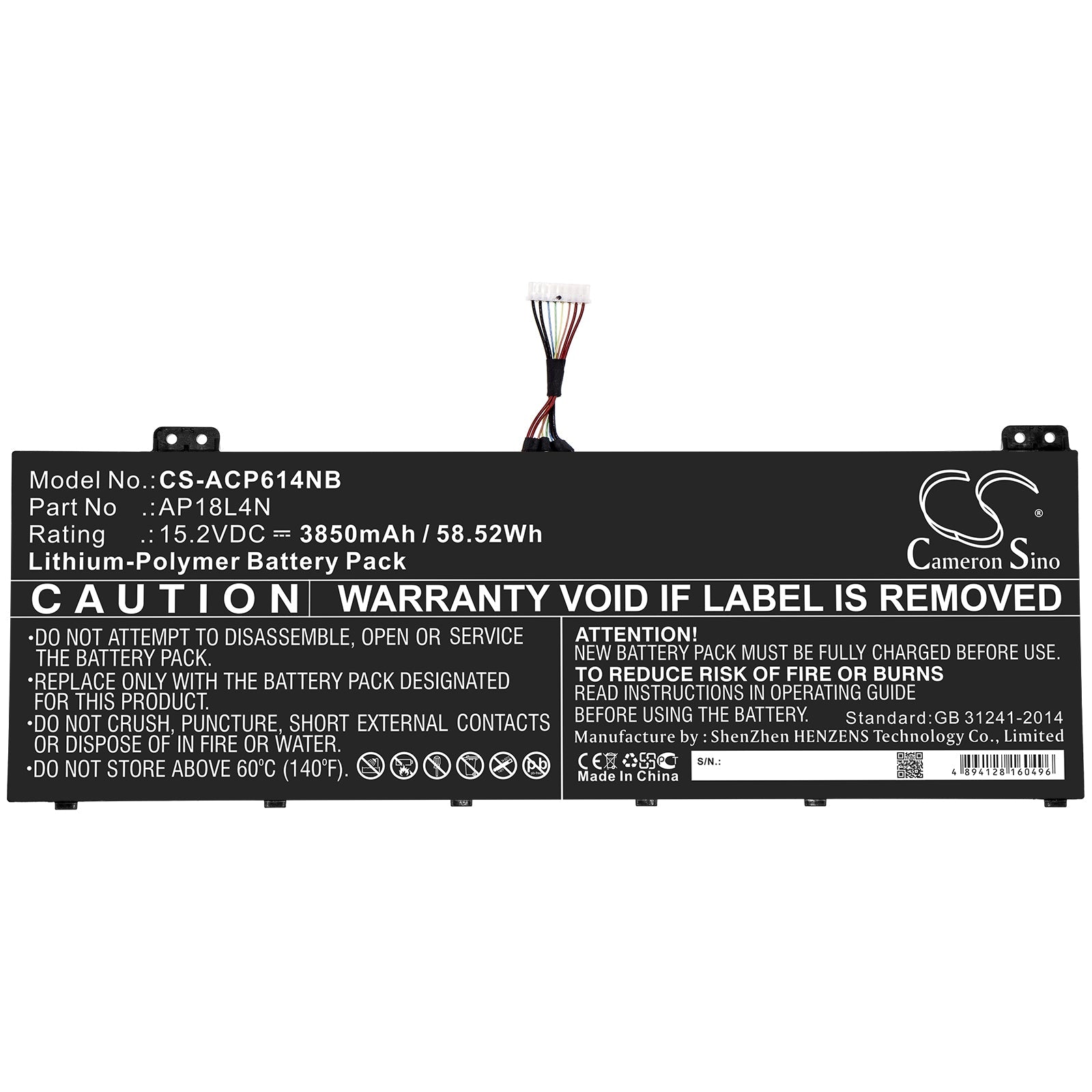 Li-ion Battery fits Acer, Ap18l4n 15.20V, 3850mAh Computer Cameron Sino Technology Limited
