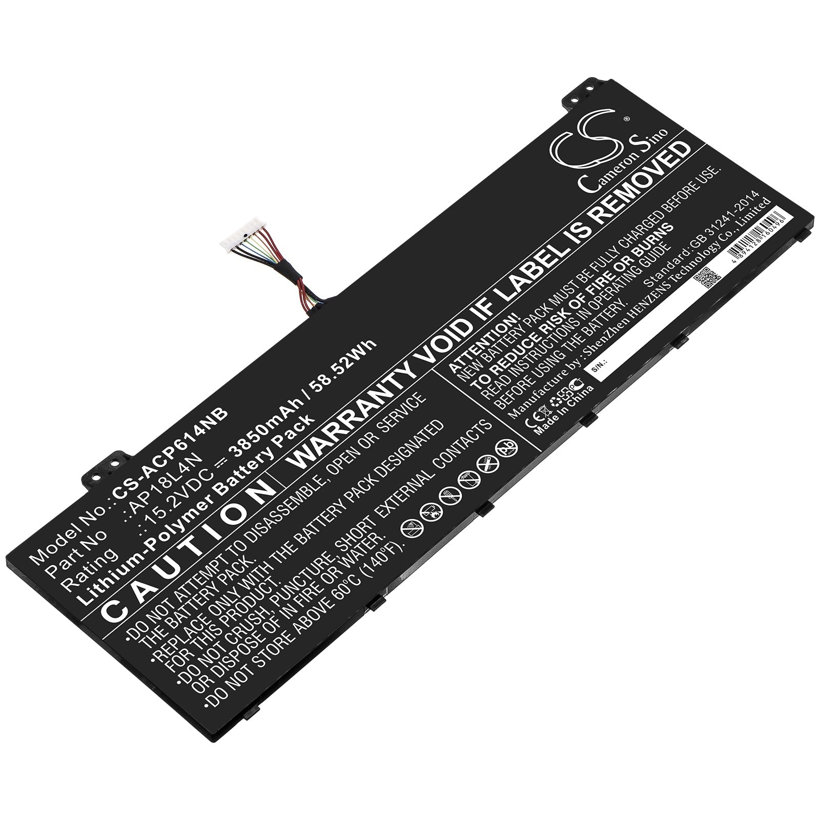 Li-ion Battery fits Acer, Ap18l4n 15.20V, 3850mAh Computer Cameron Sino Technology Limited