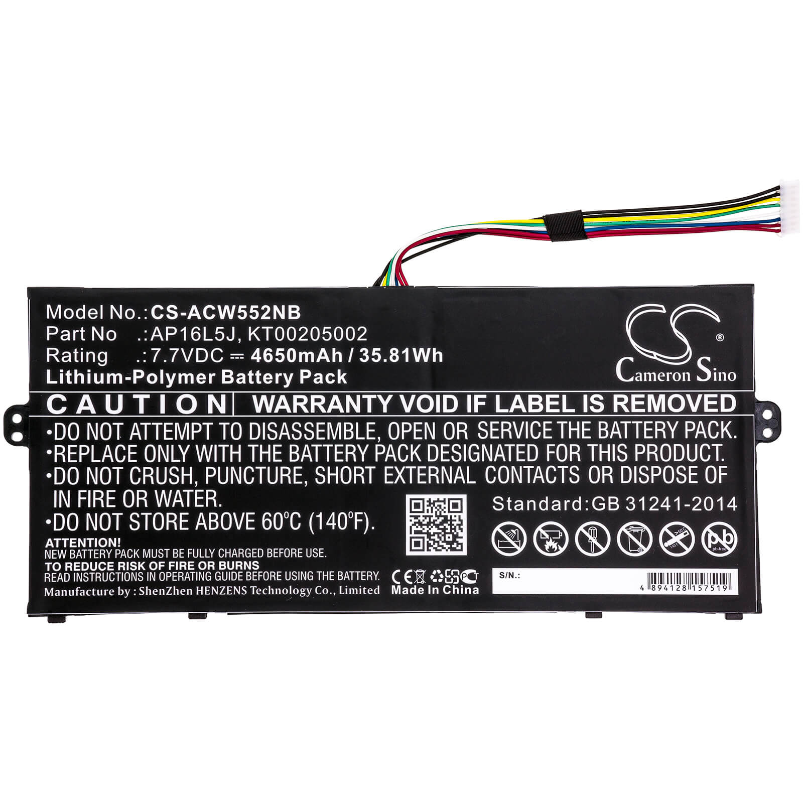 Li-ion Battery fits Acer, Kt.00205.002, Nx.gtmed.008 7.4V, 4650mAh Notebook & Laptop Cameron Sino Technology Limited