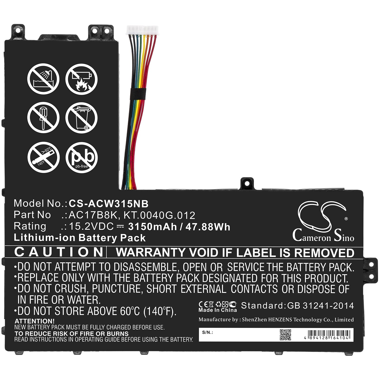 Li-ion Battery fits Acer, Sf315-52g-51hv, Sf315-52g-55ew 15.2V, 3150mAh Notebook & Laptop Cameron Sino Technology Limited