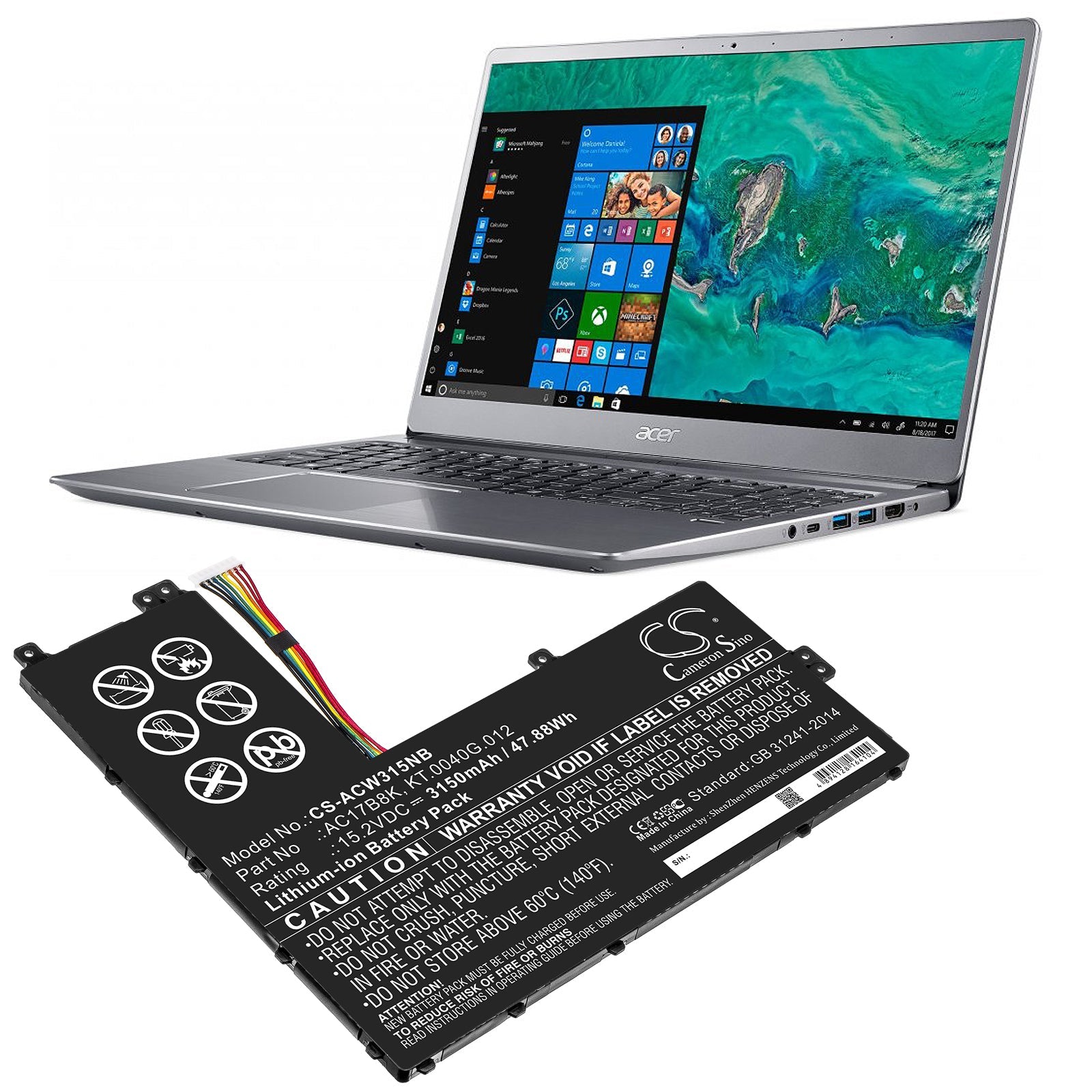 Li-ion Battery fits Acer, Sf315-52g-51hv, Sf315-52g-55ew 15.2V, 3150mAh Notebook & Laptop Cameron Sino Technology Limited