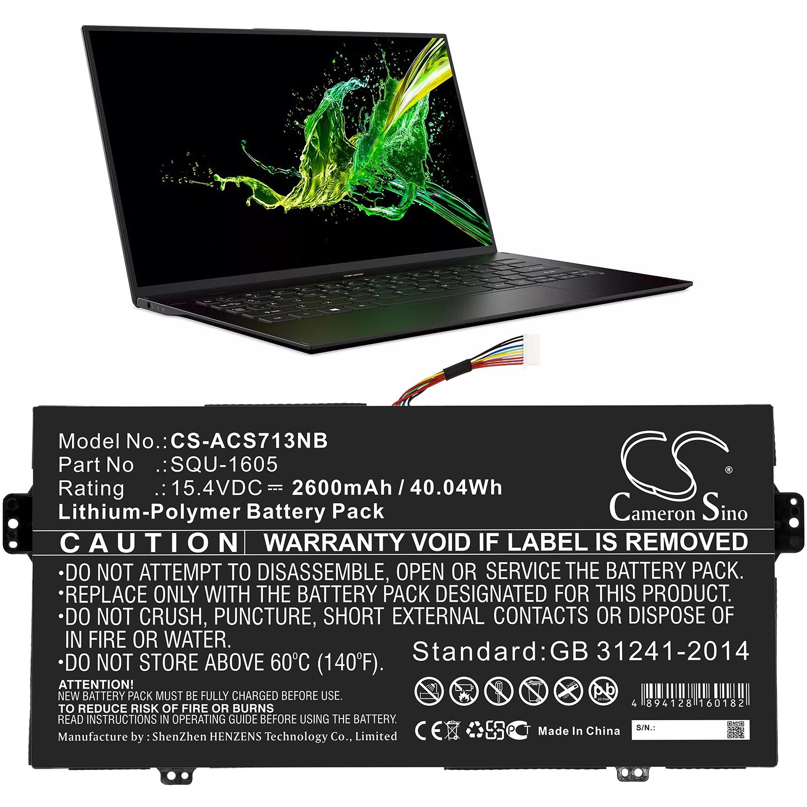 Li-ion Battery fits Acer, Squ-1605 15.4V, 2600mAh Notebook & Laptop Cameron Sino Technology Limited