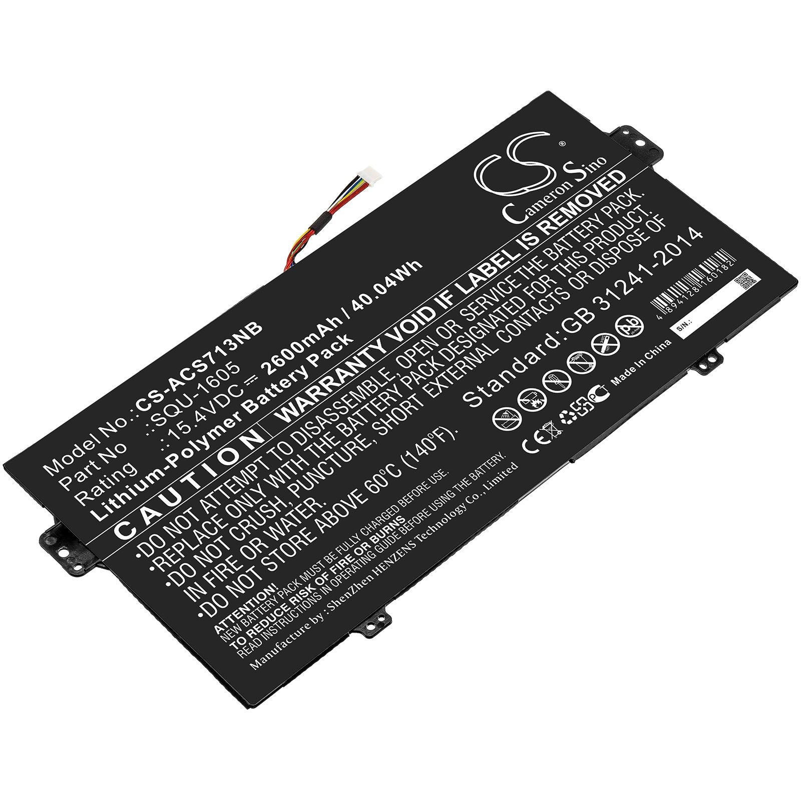 Li-ion Battery fits Acer, Squ-1605 15.4V, 2600mAh Notebook & Laptop Cameron Sino Technology Limited