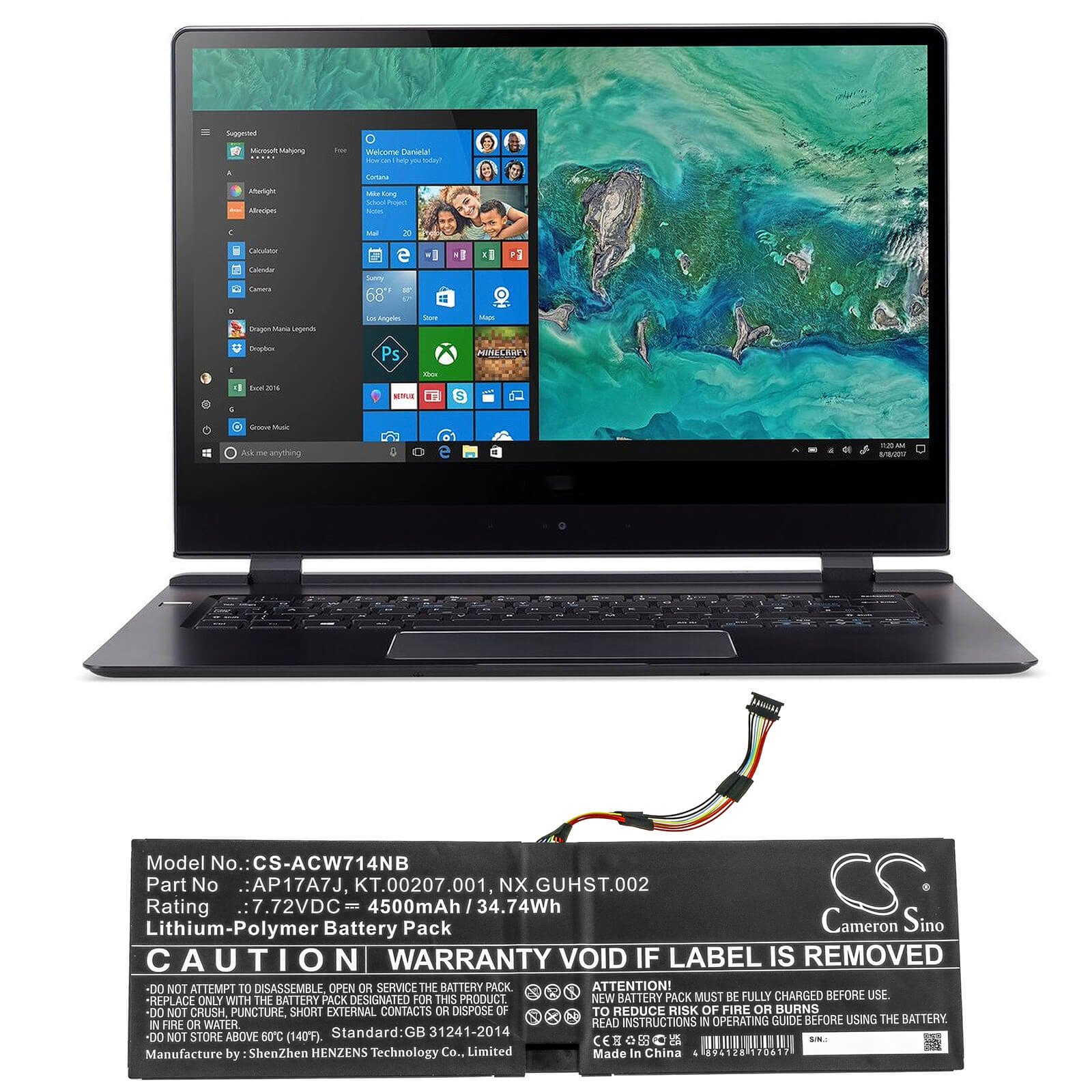 Li-ion Battery fits Acer, Swift 7 Sf714-51t, Swift 7 Sf714-51t-m16f, Swift 7 Sf714-51t-m1f6 7.72V, 4500mAh Notebook & Laptop Cameron Sino Technology Limited