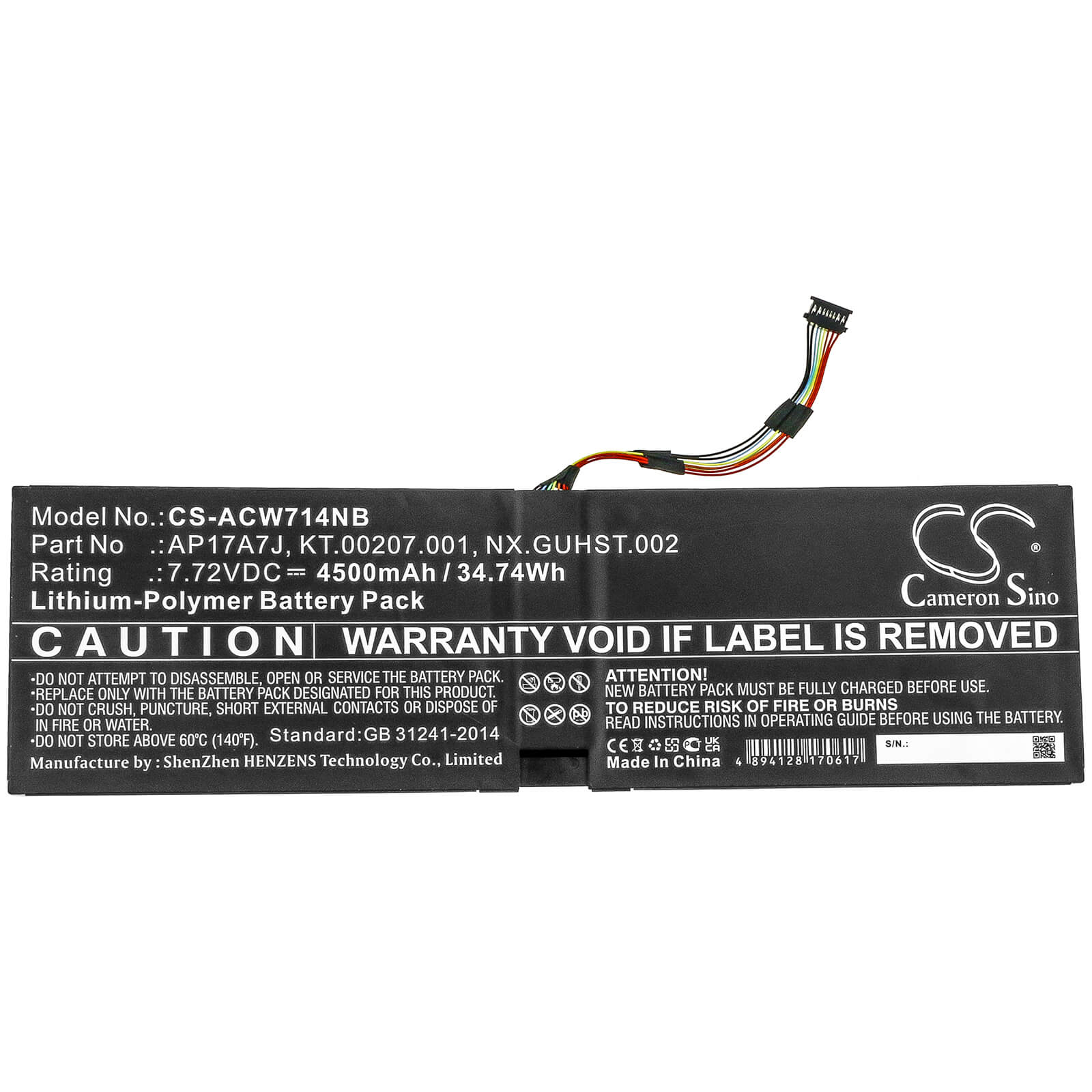 Li-ion Battery fits Acer, Swift 7 Sf714-51t, Swift 7 Sf714-51t-m16f, Swift 7 Sf714-51t-m1f6 7.72V, 4500mAh Notebook & Laptop Cameron Sino Technology Limited