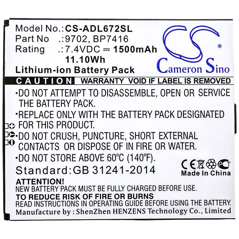 Li-ion Battery fits Additel, 672, Adt 672 7.4V, 1500mAh Equipment & Survey & Test Cameron Sino Technology Limited