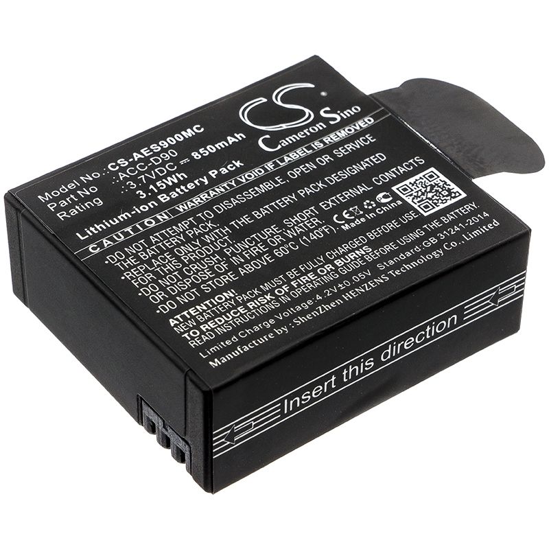 Li-ion Battery fits Aee, D90, Lyfes72, Lyfesilver 3.7V, 850mAh Camera Cameron Sino Technology Limited