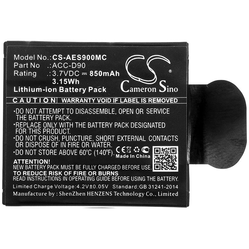 Li-ion Battery fits Aee, D90, Lyfes72, Lyfesilver 3.7V, 850mAh Camera Cameron Sino Technology Limited