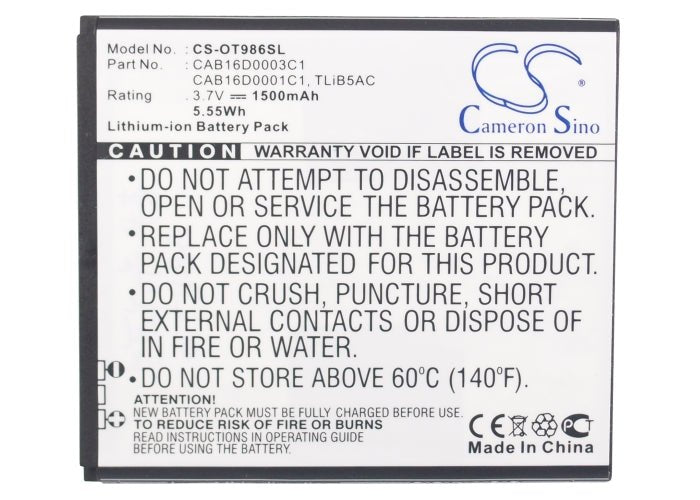 Li-ion Battery fits Alcatel, Ak47, One Touch 986, Ot-986 3.7V Mobile & SmartPhone Cameron Sino Technology Limited
