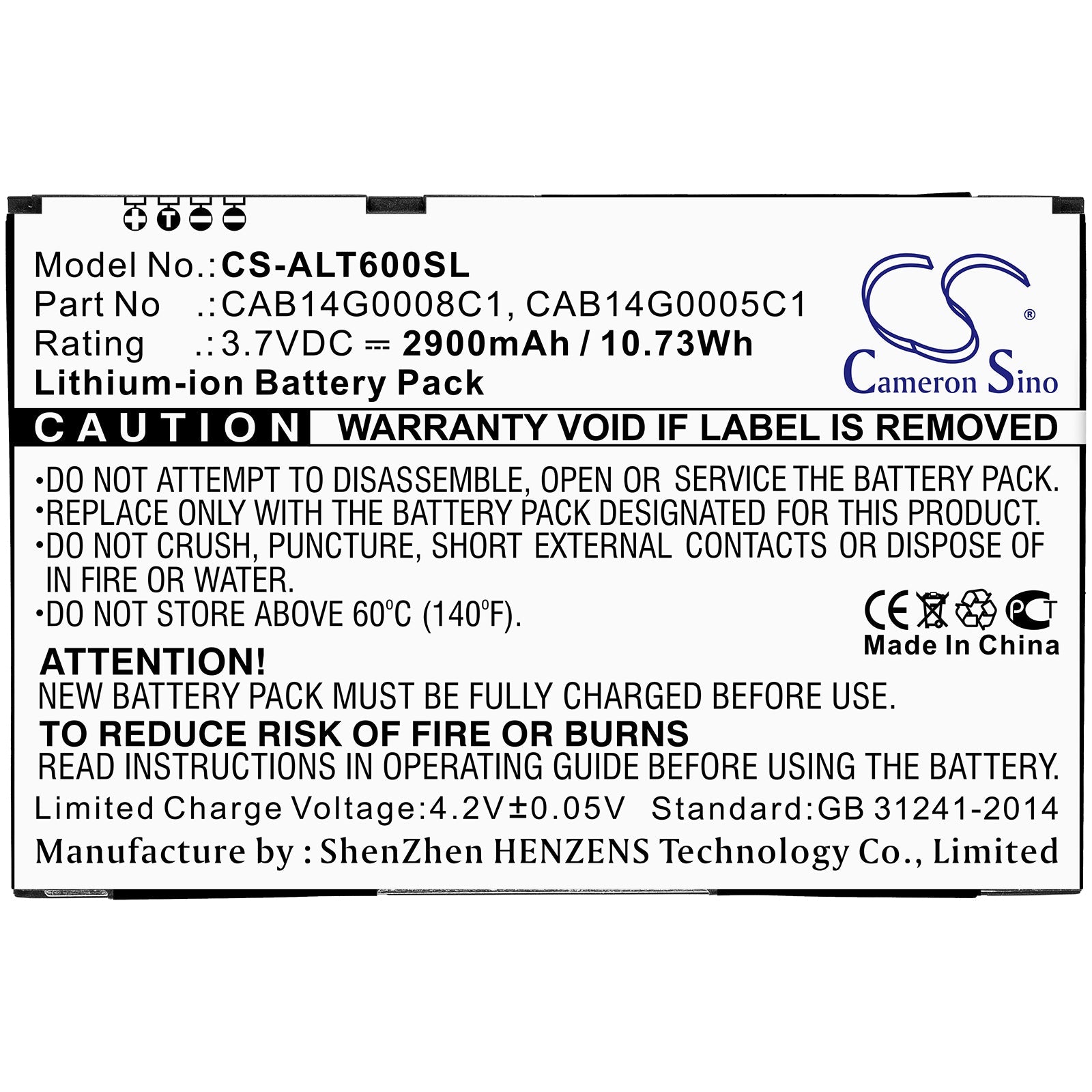 Li-ion Battery fits Alcatel, Cab14g0005c1, Cab14g0008c1 3.7V, 2900mAh Tablet Cameron Sino Technology Limited